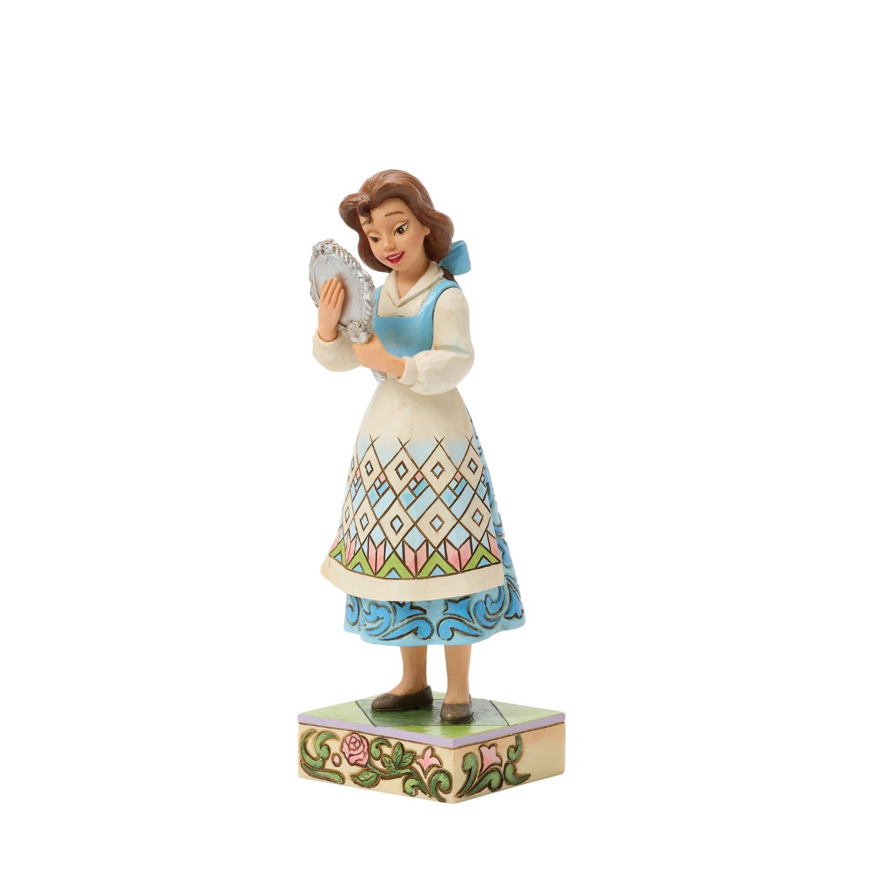 Belle gazes into the enchanted mirror in this graceful Jim Shore scene, catching a glimpse of the Beast from afar. Surrounded by rich detail and folk art flourishes, the design reflects Belle's empathy and love of discovery in true Disney style.