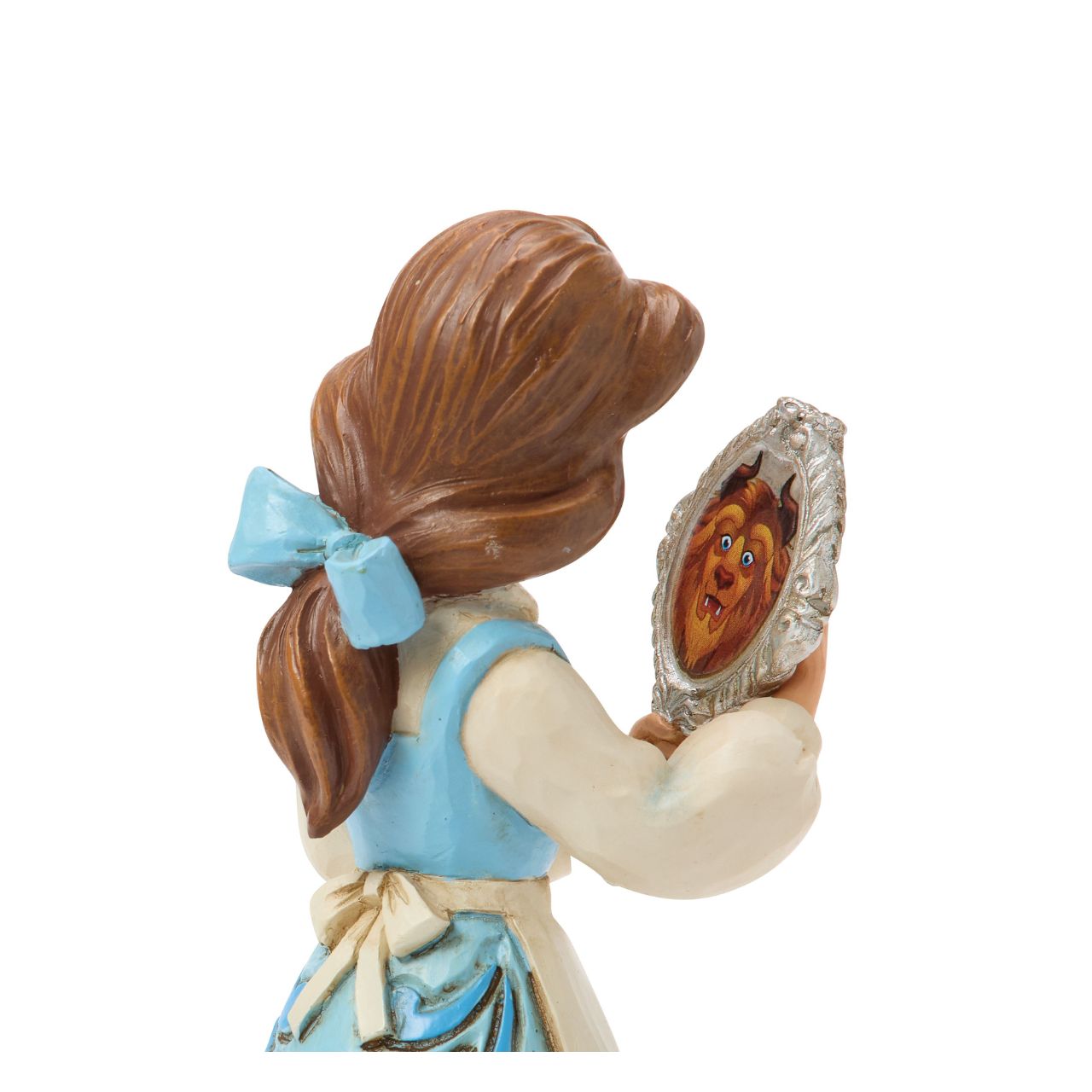 Belle gazes into the enchanted mirror in this graceful Jim Shore scene, catching a glimpse of the Beast from afar. Surrounded by rich detail and folk art flourishes, the design reflects Belle's empathy and love of discovery in true Disney style.