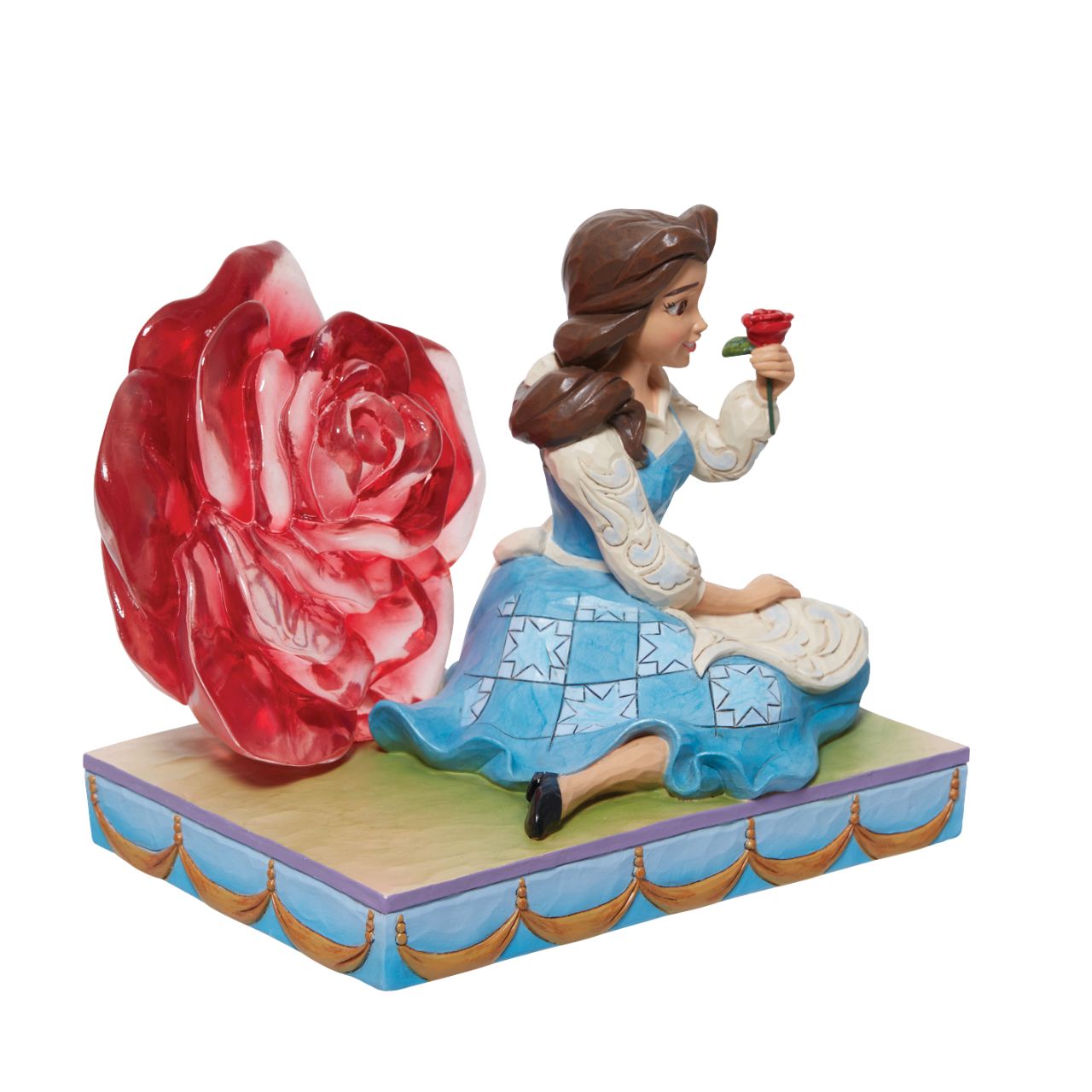 Disney Belle with Clear Resin Rose by Jim Shore  This Disney Traditions line by Jim Shore features iconic Walt Disney princesses with their famous props highlighted. With a base illustrating her story, this piece features Belle with a with her signature red rose.