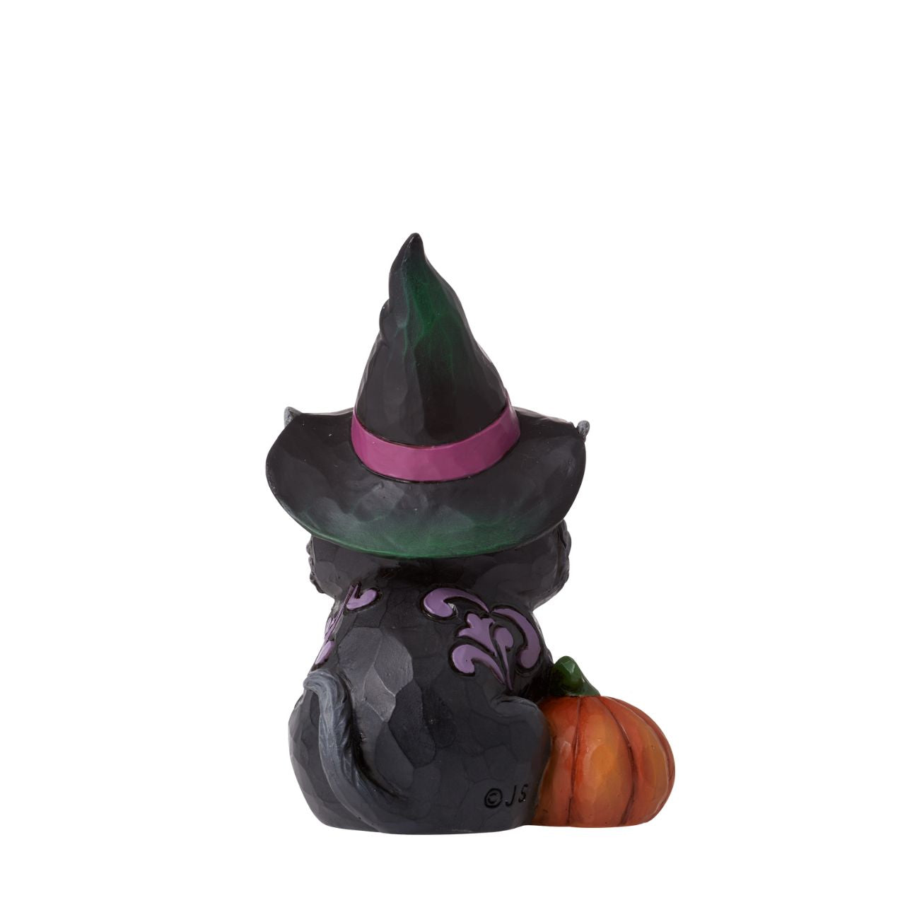 Designed in the iconic style of Jim Shore, this sweet black cat mini features a fabulous witch's hat and is accompanied by a happy pumpkin. Hand painted in high quality cast stone. Designed by award-winning artist and sculptor Jim Shore for Heartwood Creek.
