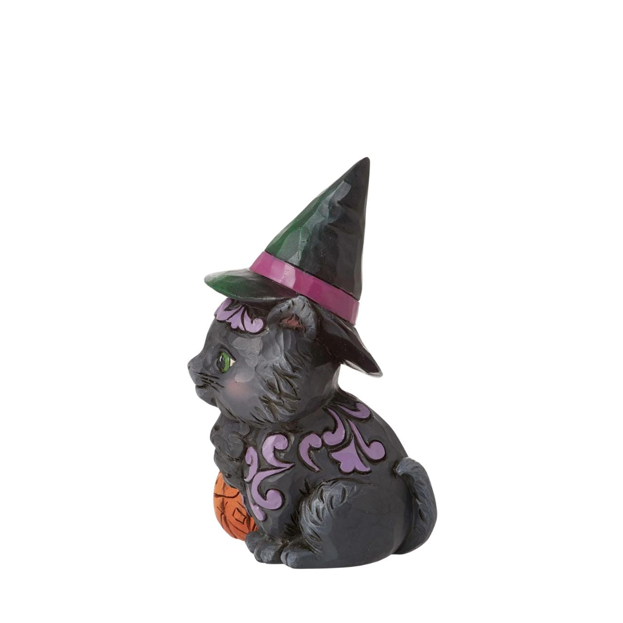Designed in the iconic style of Jim Shore, this sweet black cat mini features a fabulous witch's hat and is accompanied by a happy pumpkin. Hand painted in high quality cast stone. Designed by award-winning artist and sculptor Jim Shore for Heartwood Creek.