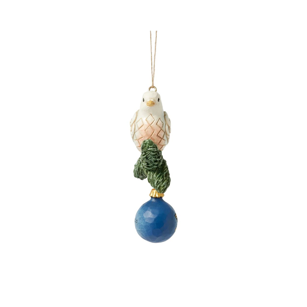 A beautiful white dove on a fir tree sprig with a gold and blue bauble makes this hanging ornament a beautiful addition to any Christmas tree.