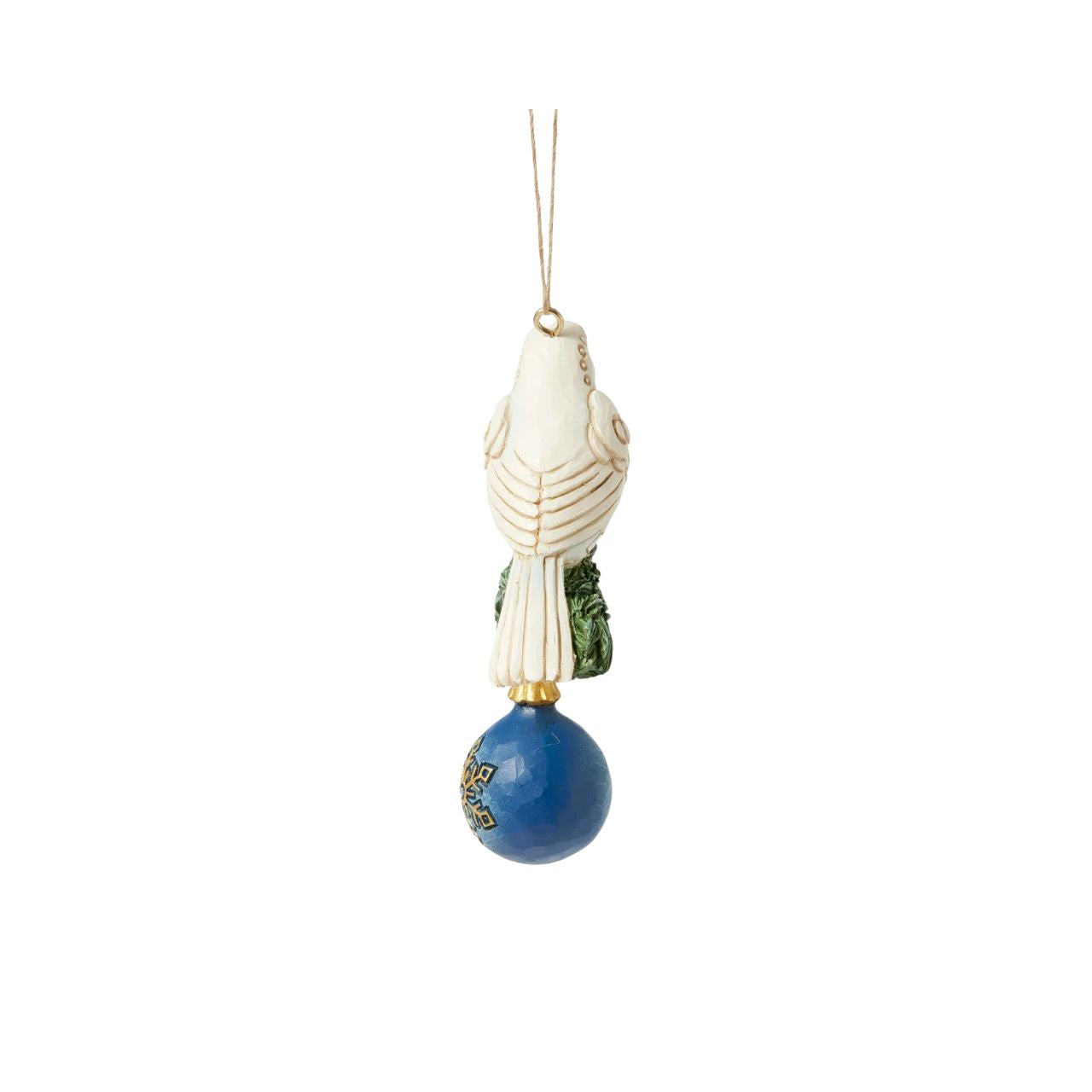 A beautiful white dove on a fir tree sprig with a gold and blue bauble makes this hanging ornament a beautiful addition to any Christmas tree.