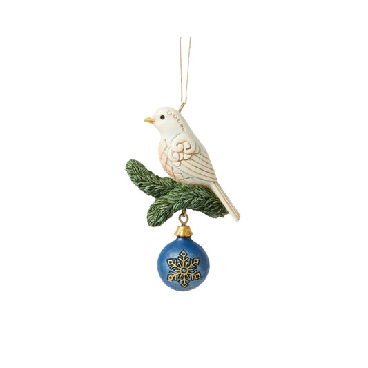 A beautiful white dove on a fir tree sprig with a gold and blue bauble makes this hanging ornament a beautiful addition to any Christmas tree.
