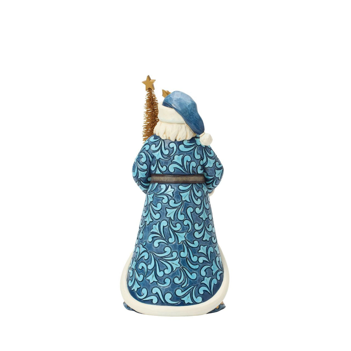 Dressed in twilight blues and striking golds, this regal Santa carries a sisal tree and snowflakes. Jim Shore's cool tones and intricate designs inspire elegant winter magic. Add a refined touch to your seasonal home decor.