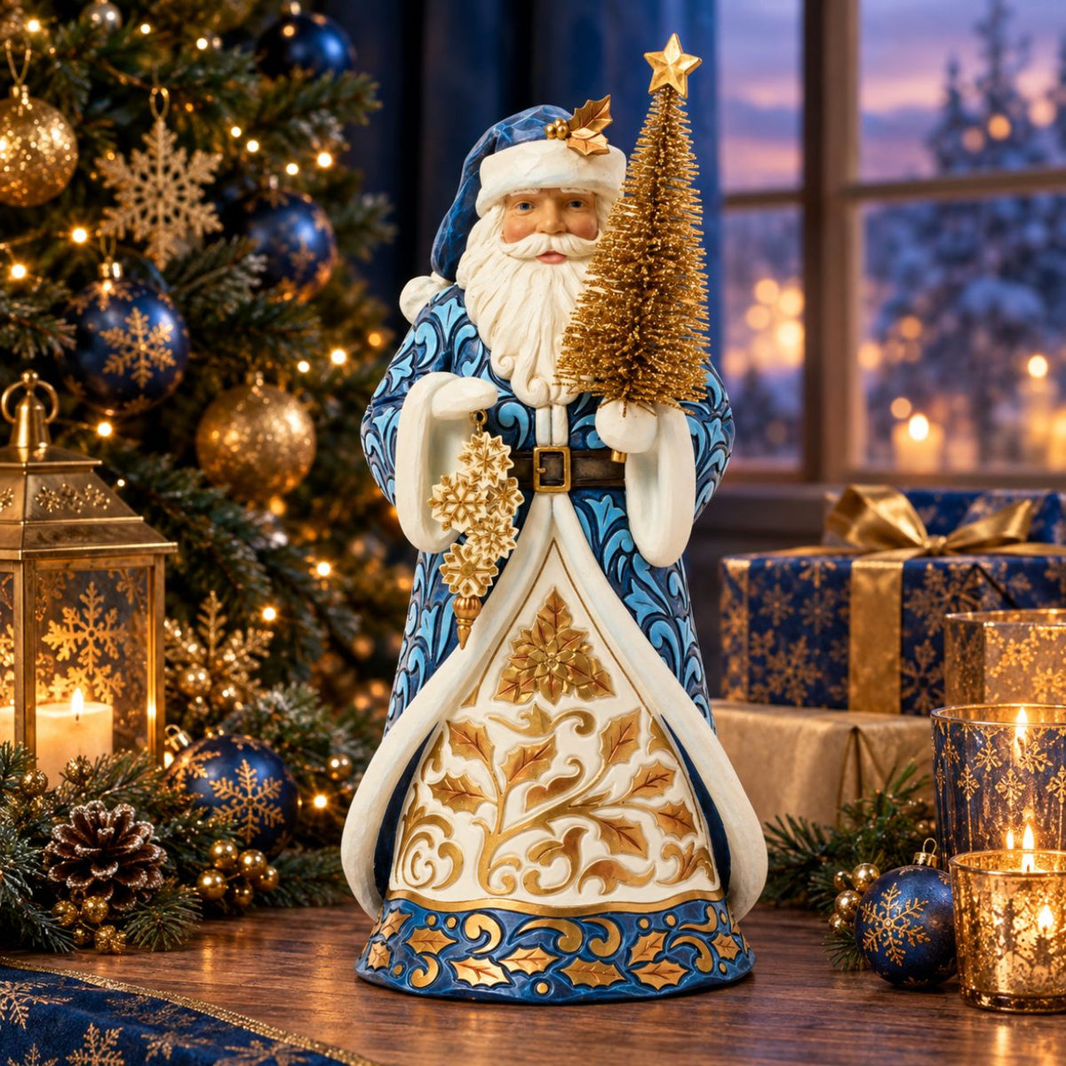 Dressed in twilight blues and striking golds, this regal Santa carries a sisal tree and snowflakes. Jim Shore's cool tones and intricate designs inspire elegant winter magic. Add a refined touch to your seasonal home decor.