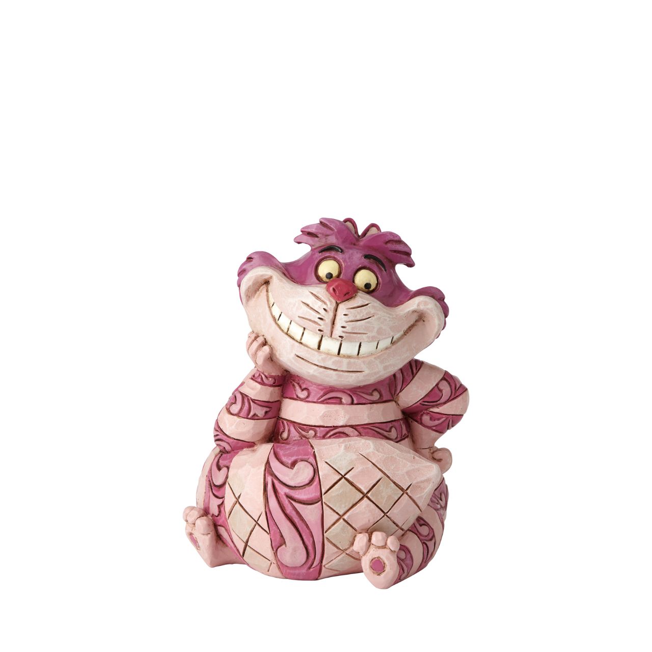 The mysterious Cheshire Cat from the Disney classic film Alice in Wonderland shows off his large smile in this mini figurine. Designed by Jim Shore for Disney Traditions now available in the mini collection.
