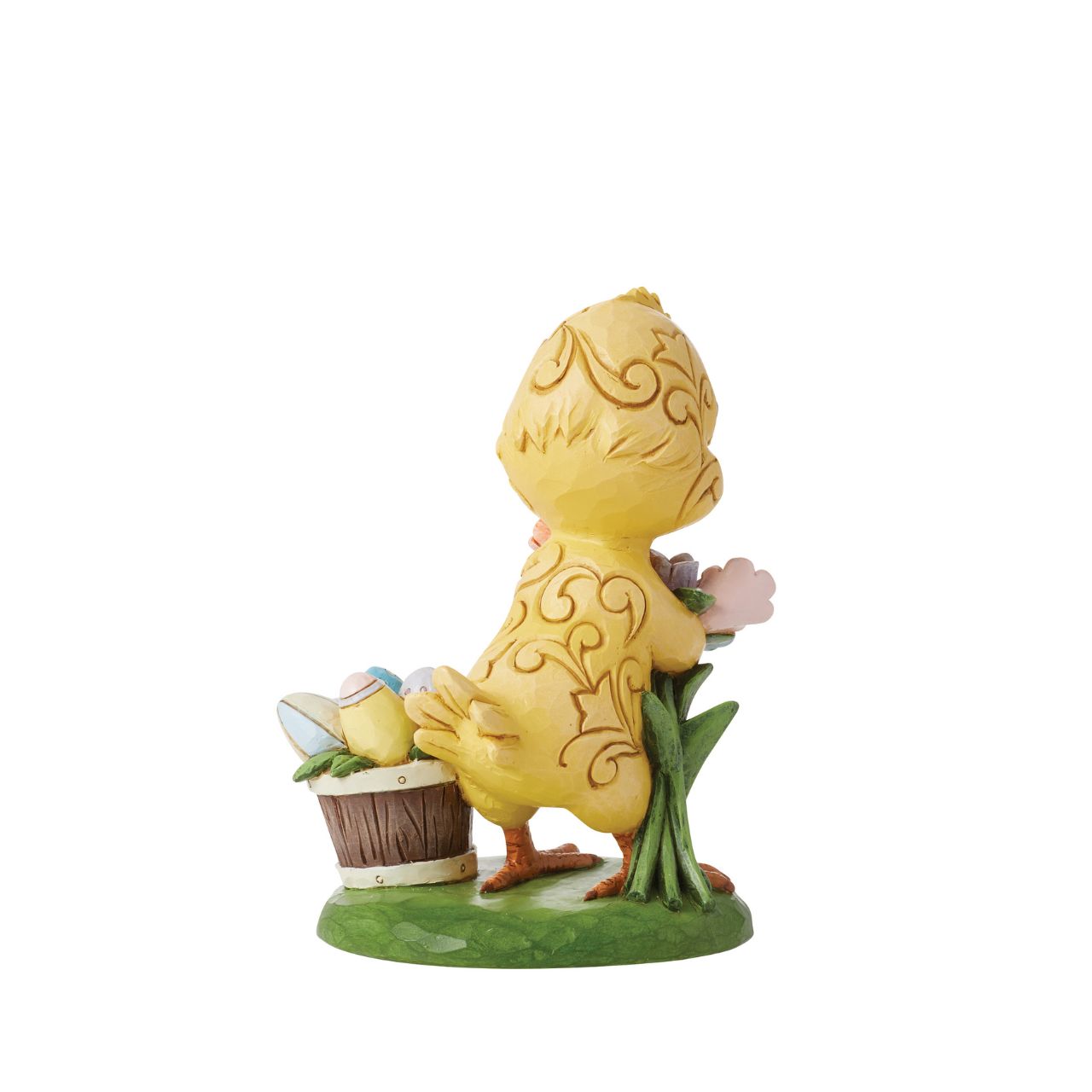 With an arm full of flowers, this adorable chick presents a bouquet and basket of painted eggs for you this Easter. Colourful rosemaling highlights his feathers with artistry as this chick asks you for a place amongst your Springtime home décor.