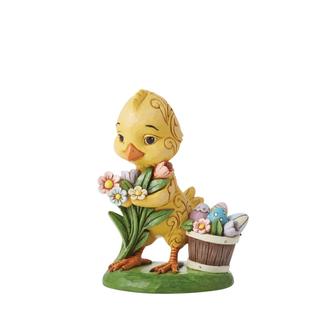 With an arm full of flowers, this adorable chick presents a bouquet and basket of painted eggs for you this Easter. Colourful rosemaling highlights his feathers with artistry as this chick asks you for a place amongst your Springtime home décor.