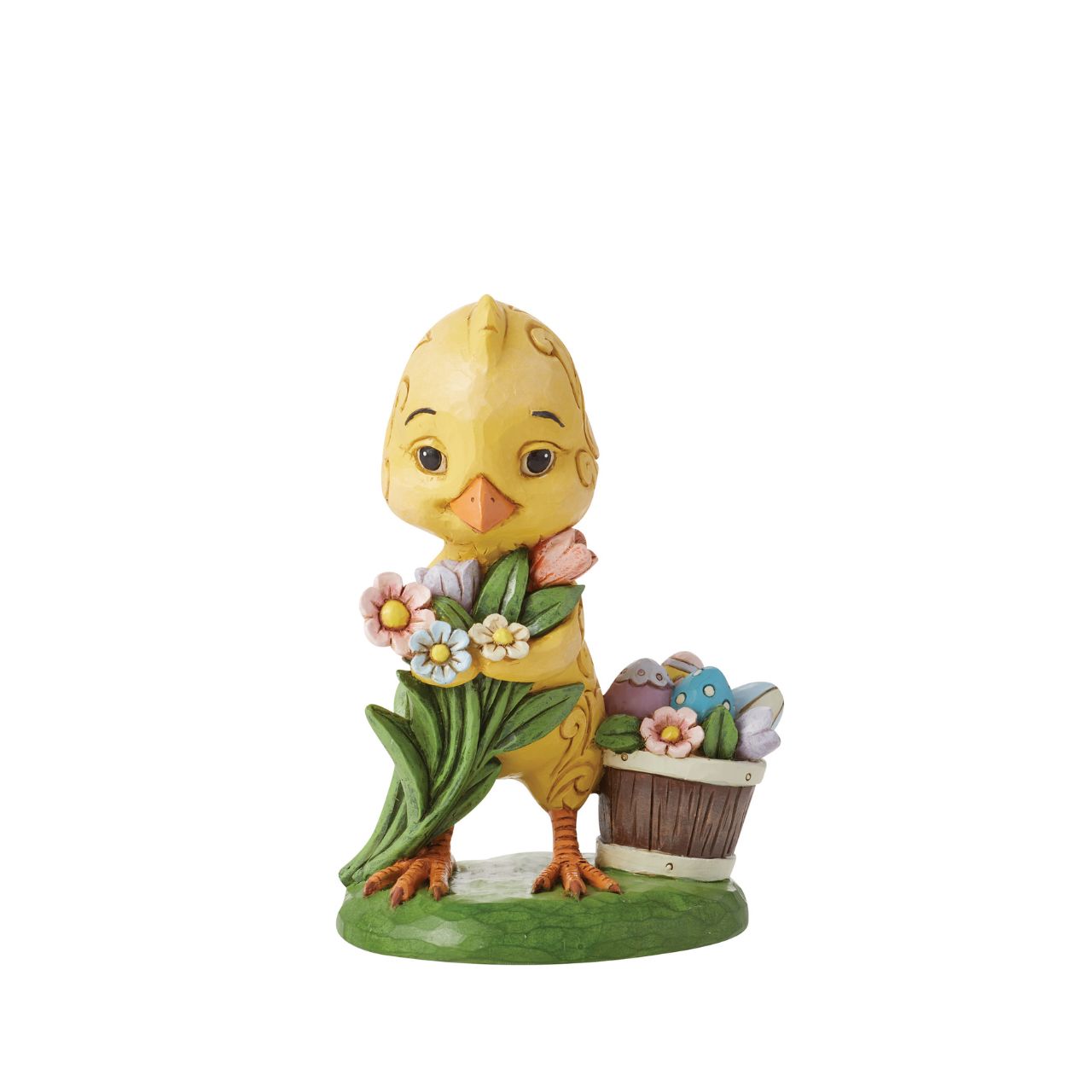 With an arm full of flowers, this adorable chick presents a bouquet and basket of painted eggs for you this Easter. Colourful rosemaling highlights his feathers with artistry as this chick asks you for a place amongst your Springtime home décor.