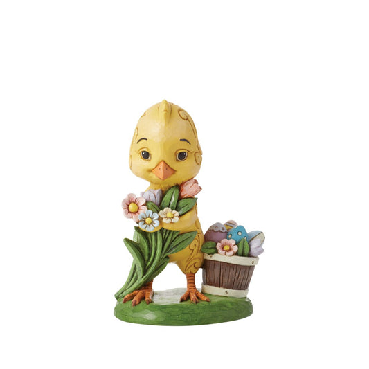 With an arm full of flowers, this adorable chick presents a bouquet and basket of painted eggs for you this Easter. Colourful rosemaling highlights his feathers with artistry as this chick asks you for a place amongst your Springtime home décor.