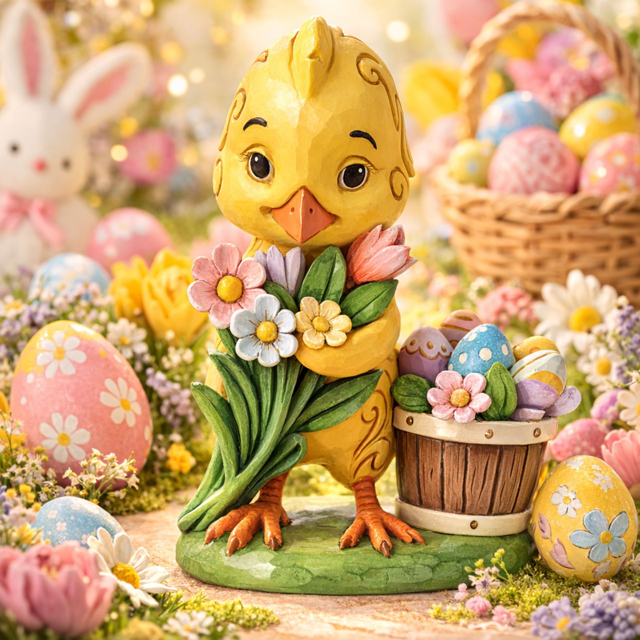 With an arm full of flowers, this adorable chick presents a bouquet and basket of painted eggs for you this Easter. Colourful rosemaling highlights his feathers with artistry as this chick asks you for a place amongst your Springtime home décor.