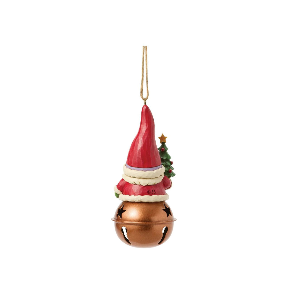 This dashing Jim Shore ornament features a jingle bell topped with a charming Santa gnome, holding a tiny decorated Christmas tree. His festive hat, adorned with intricate rosemaling, adds a playful touch to this delightful holiday keepsake.