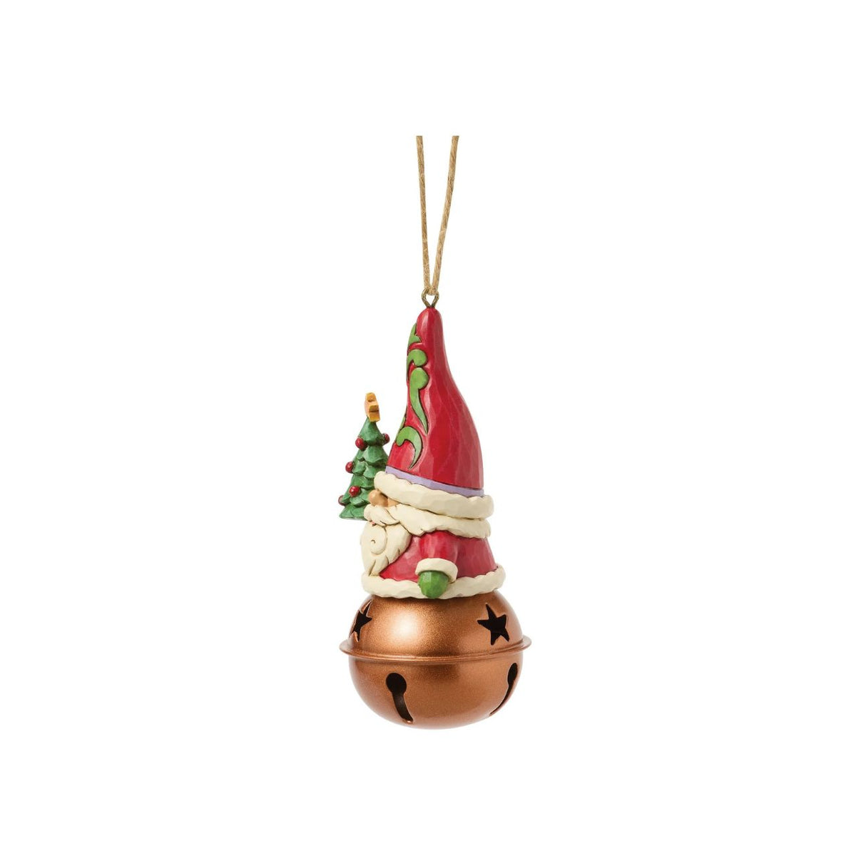This dashing Jim Shore ornament features a jingle bell topped with a charming Santa gnome, holding a tiny decorated Christmas tree. His festive hat, adorned with intricate rosemaling, adds a playful touch to this delightful holiday keepsake.