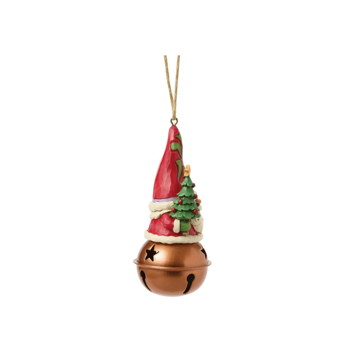 This dashing Jim Shore ornament features a jingle bell topped with a charming Santa gnome, holding a tiny decorated Christmas tree. His festive hat, adorned with intricate rosemaling, adds a playful touch to this delightful holiday keepsake.