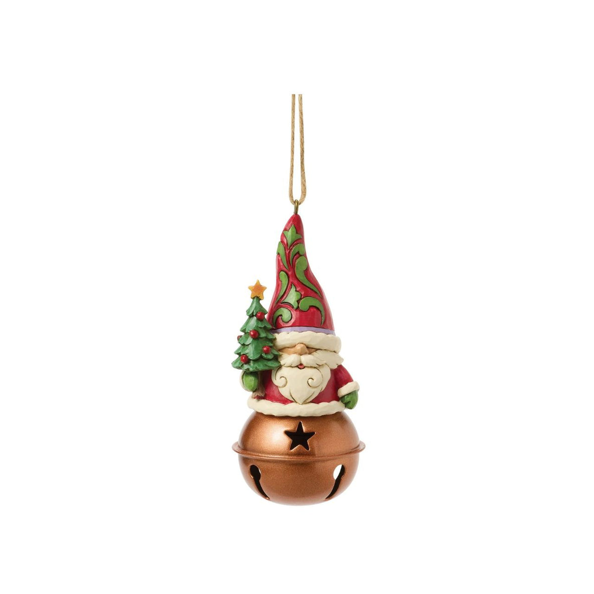This dashing Jim Shore ornament features a jingle bell topped with a charming Santa gnome, holding a tiny decorated Christmas tree. His festive hat, adorned with intricate rosemaling, adds a playful touch to this delightful holiday keepsake.