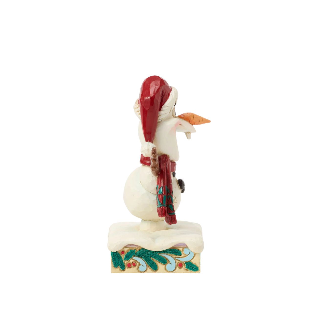 In this joyful Jim Shore design, Olaf dances merrily in the snow with a wide smile, donning a Santa hat and a festive scarf while carrying a colourful present. Adorned with charming rosemaling details, this delightful piece captures holiday cheer.