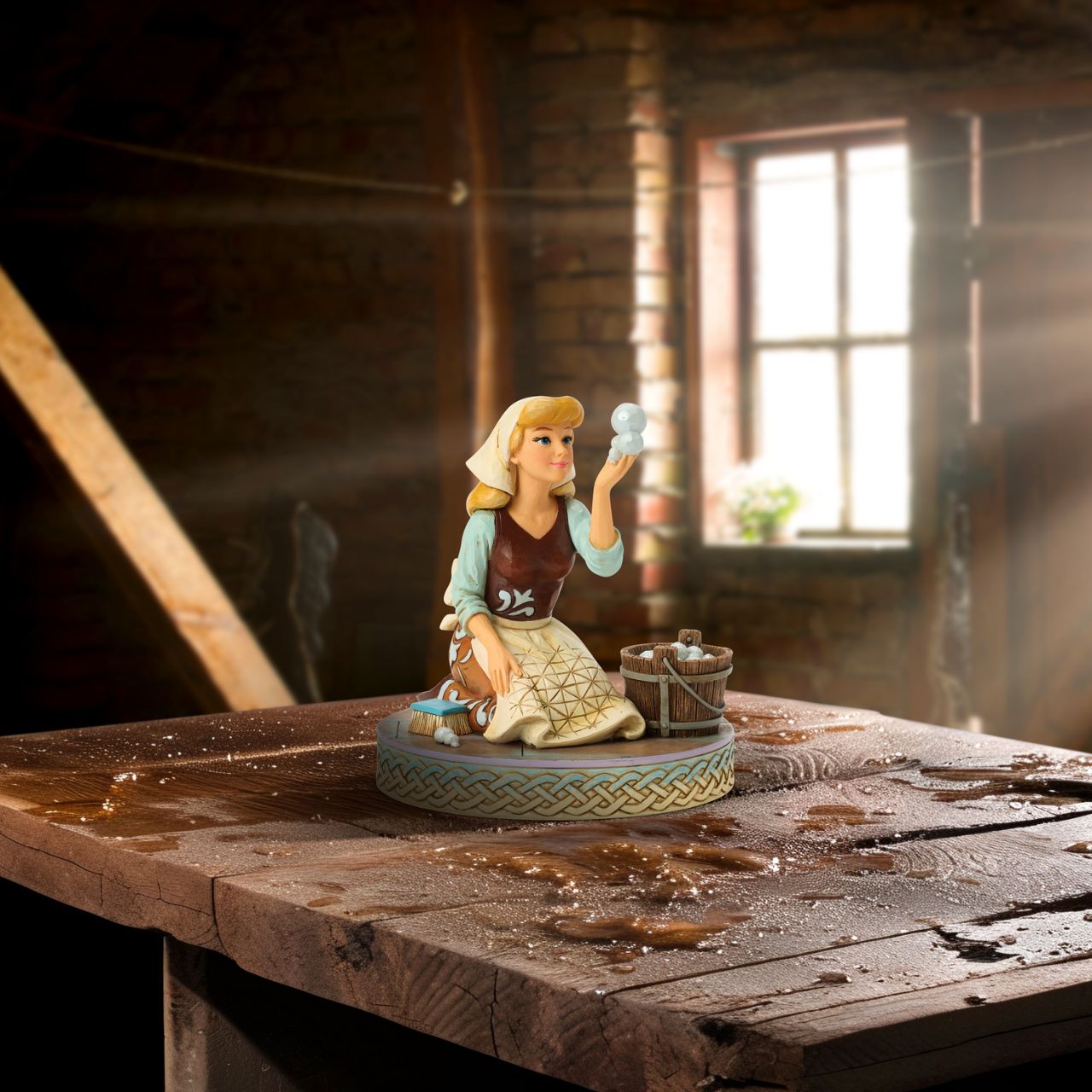 Cinderella's spirit remains unbroken in this inspiring Jim Shore scene. Dressed as a maid, she finds joy in her work, catching a bubble as she scrubs the floors. Jim Shore's enchanting details capture her beauty and resilience.