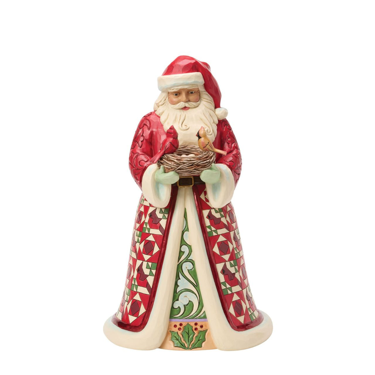 Celebrate the warmth of the season with this distinguished Collector's Edition Santa from Jim Shore's Heartwood Creek collection. Standing proudly with a nest of cardinals nestled in his arms, this beautifully crafted design reveals a charming surprise inside – delicate cardinal eggs waiting to be discovered.