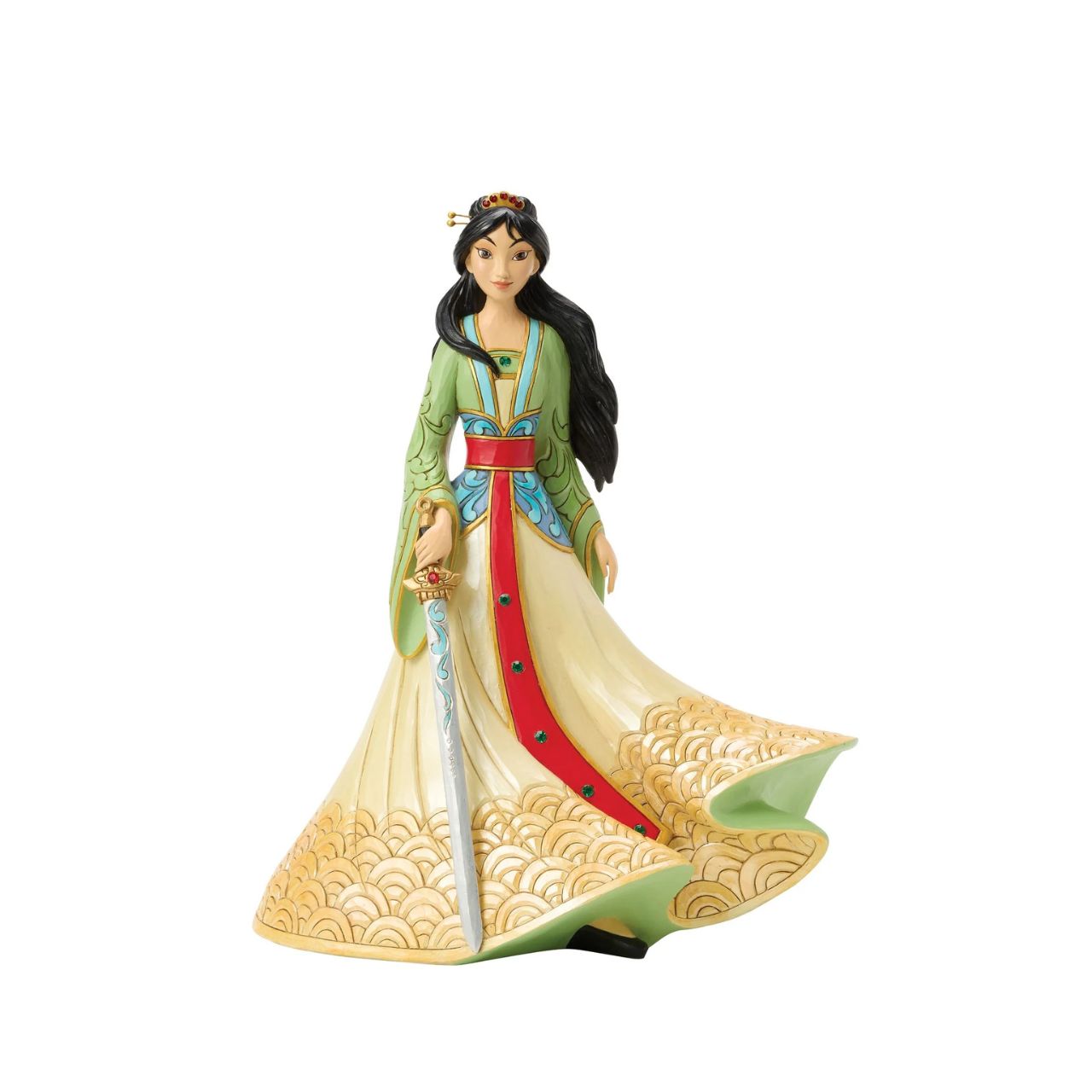 This exquisite Jim Shore deluxe princess bust showcases Mulan in her finest dress, carrying a sword with bravery and strength. With traditional makeup and cherished Chinese symbols, she captivates with beauty, legacy, and courage.