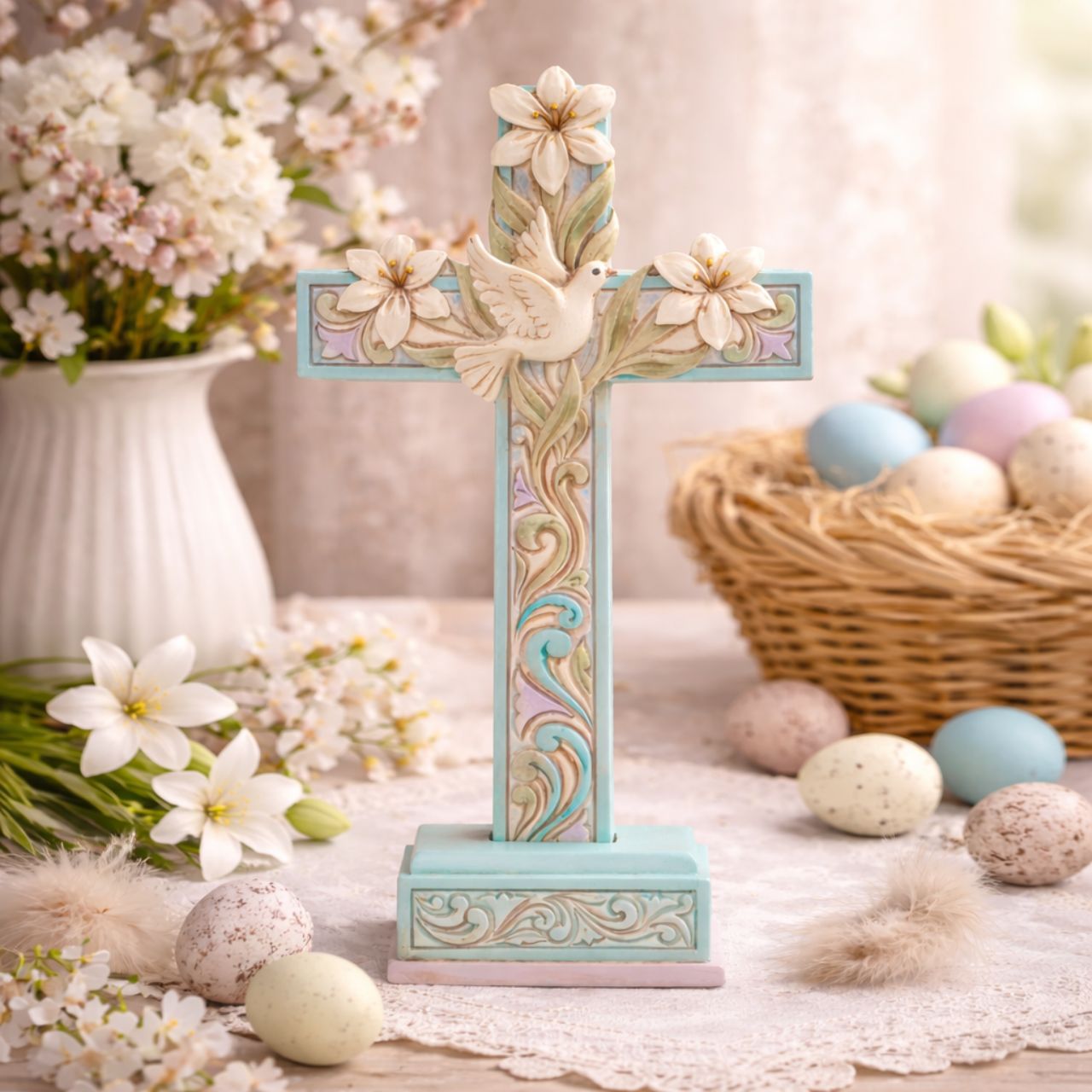 Brandished in Easter lilies, this cool blue and purple Jim Shore cross hosts intertwining vines of promise and serenity.