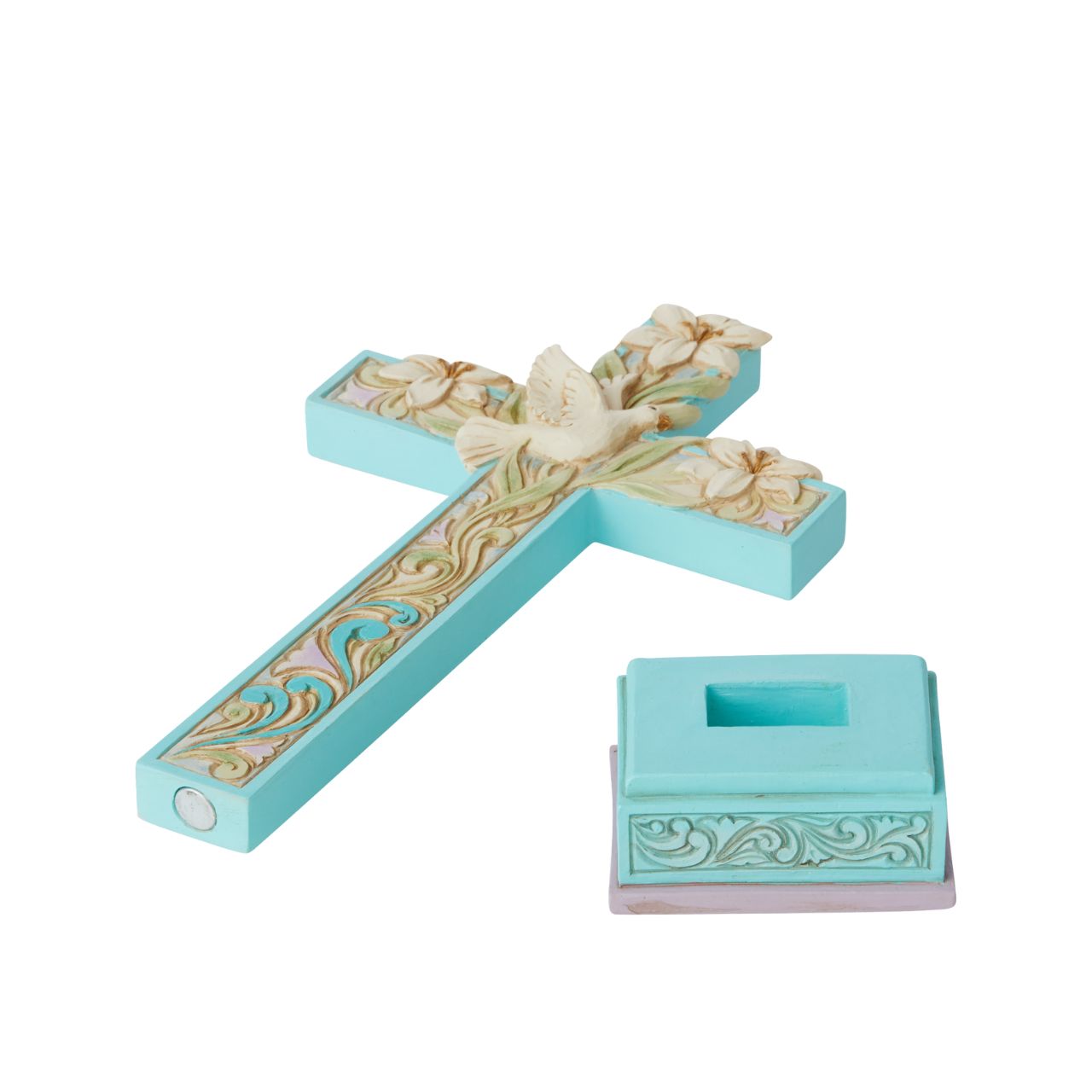 Cross with Lilies and Dove Figurine by Jim Shore  Brandished in Easter lilies, this cool blue and purple Jim Shore cross hosts intertwining vines of promise and serenity. A beautiful white dove sits in the centre of the crucifix, symbolizing the peace and promise of new life delivered by Jesus' resurrection.