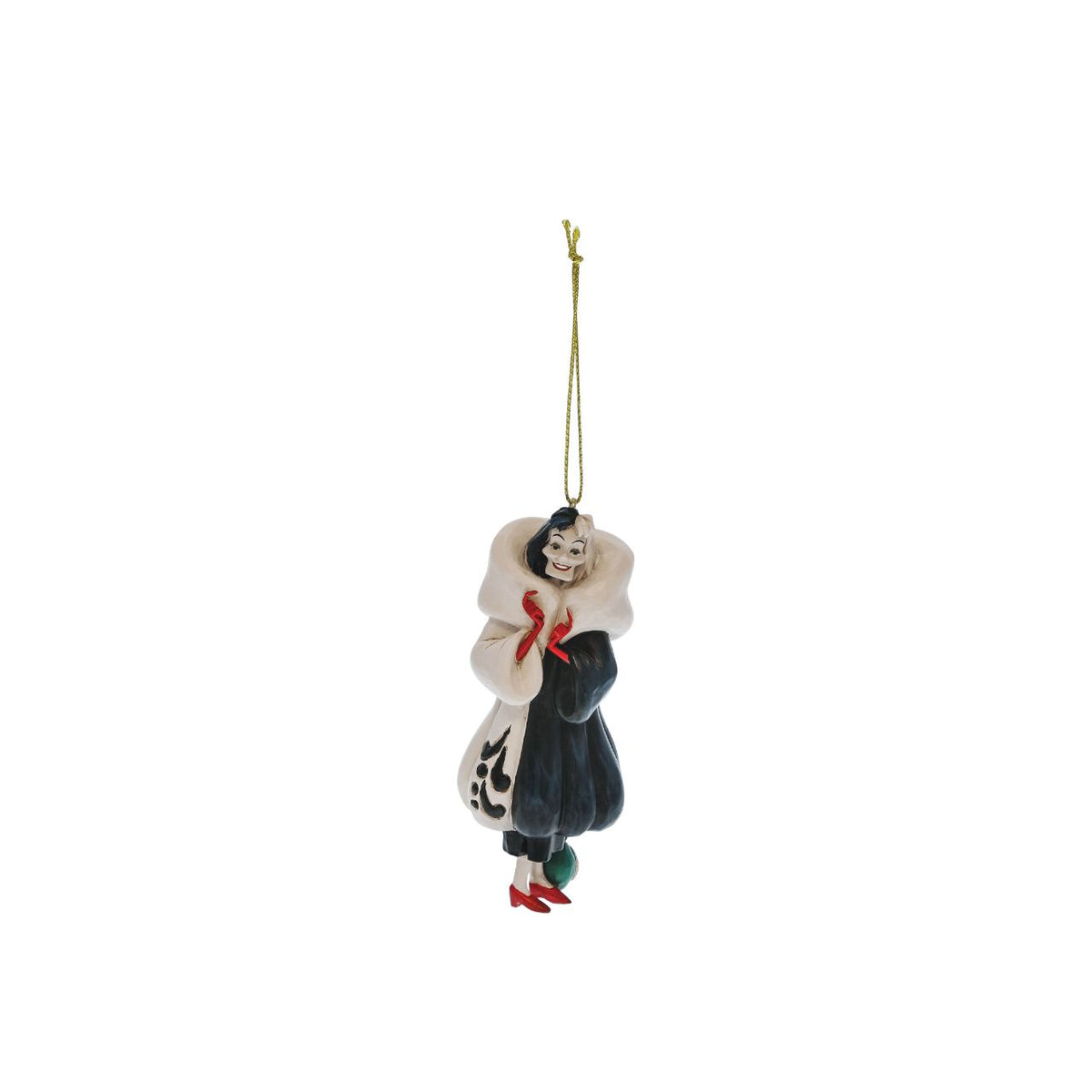 Cruella hanging ornament as part of the Disney Traditions by Jim Shore collection. Perfect for any Christmas Tree.