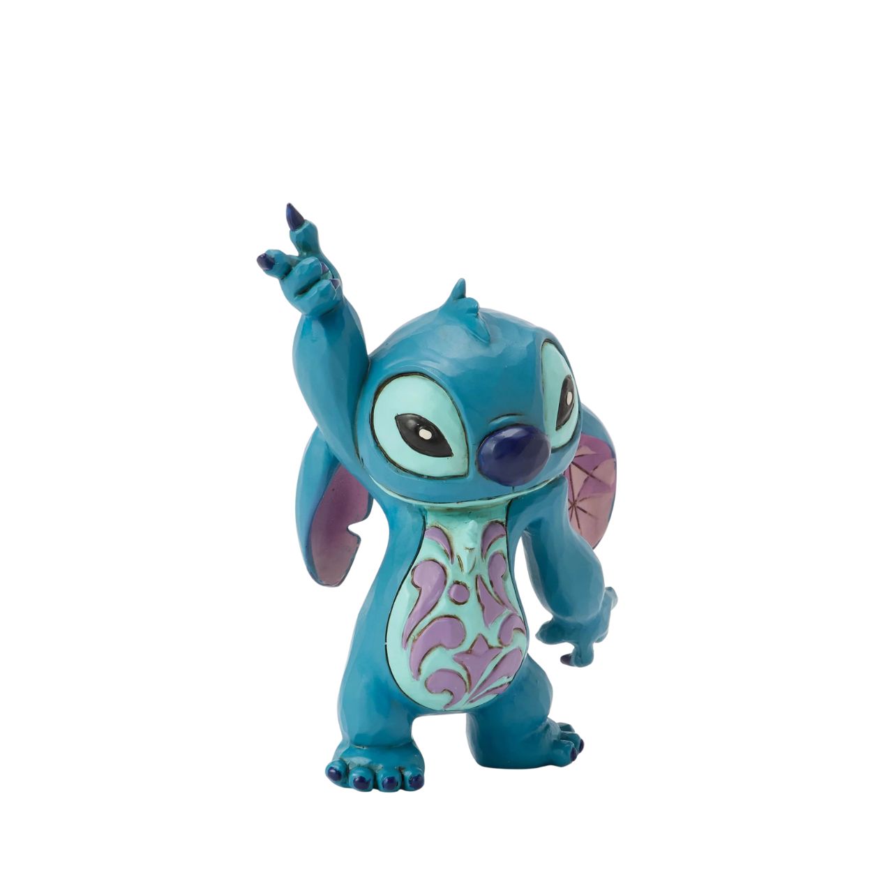 This lively Jim Shore design captures Stitch's playful spirit as he dances with rosemaling on his belly and patterned ears. Whether it's the hula or Elvis, his carefree moves are full of charm and mischief.