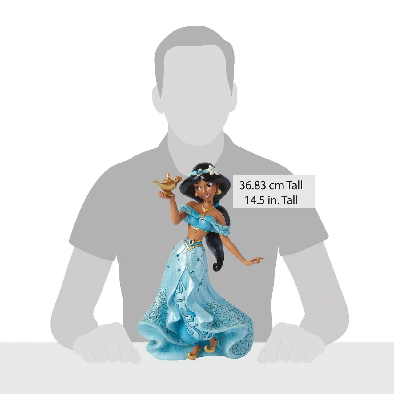A deluxe masterpiece of the Princess Jasmine from Disney's Aladdin. Hand painted and hand carved, decorated with jewels and filled with intricate details. Perfect for any Disney Traditions collector. Comes in a fully branded gift box.