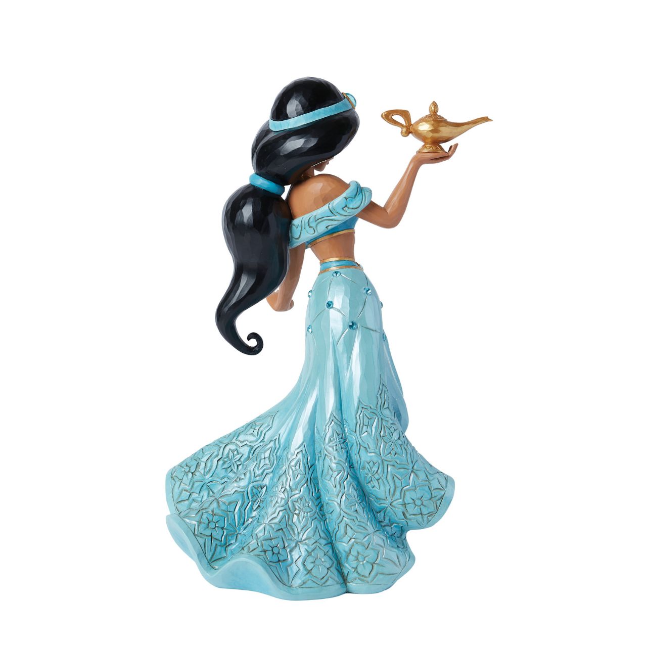 A deluxe masterpiece of the Princess Jasmine from Disney's Aladdin. Hand painted and hand carved, decorated with jewels and filled with intricate details. Perfect for any Disney Traditions collector. Comes in a fully branded gift box.