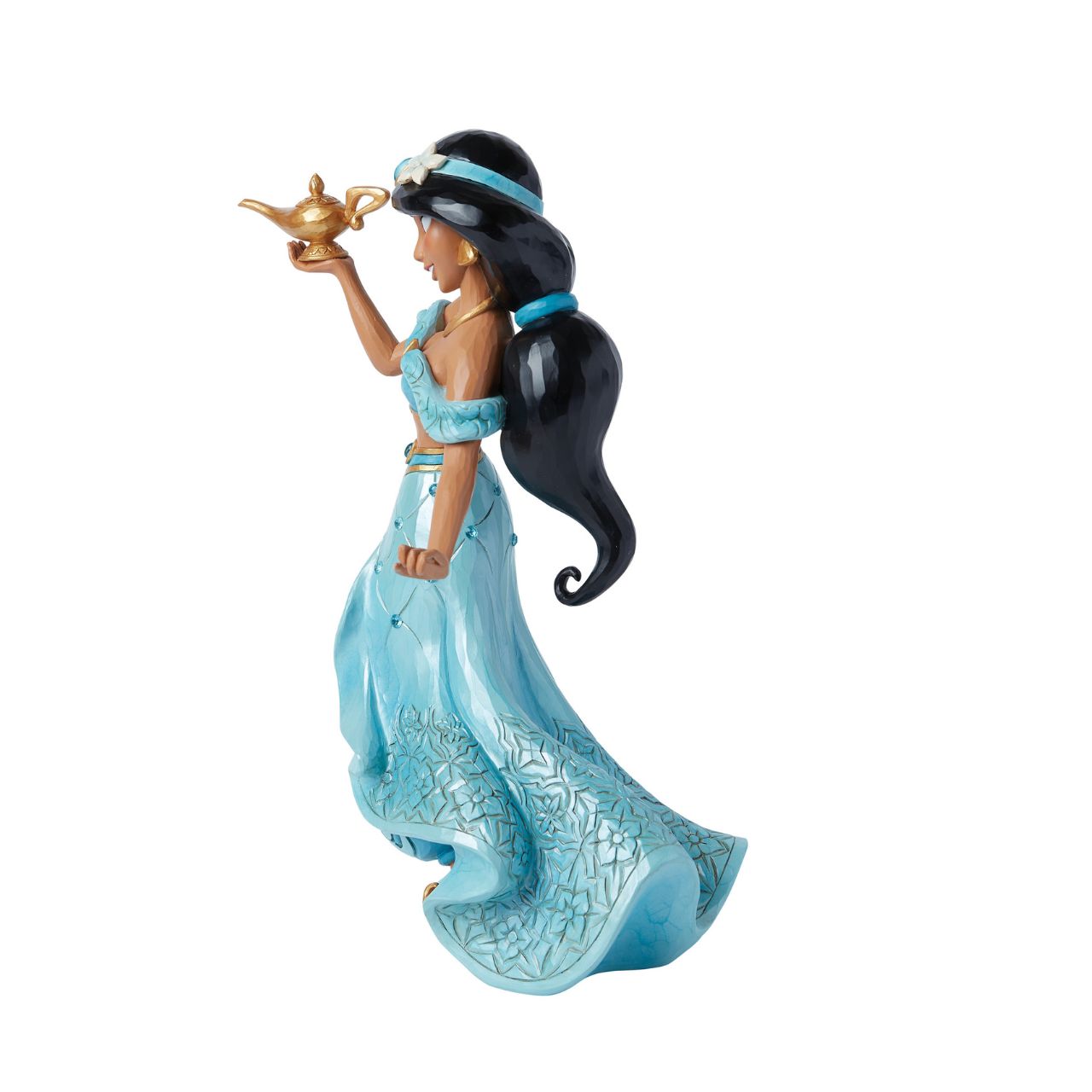 A deluxe masterpiece of the Princess Jasmine from Disney's Aladdin. Hand painted and hand carved, decorated with jewels and filled with intricate details. Perfect for any Disney Traditions collector. Comes in a fully branded gift box.