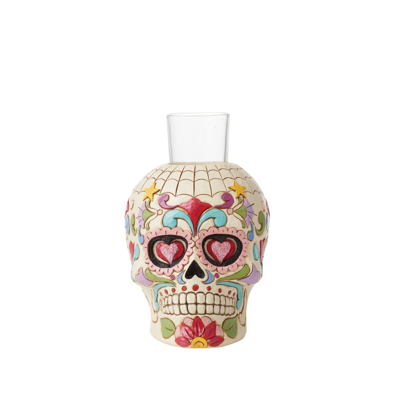 Designed in the iconic style of Jim Shore. This Day of the Dead purple skull candleholder is beautifully decorated with lively Mexican inspired pattern and colour. Modelled after a sugar skull. Hand painted in high quality cast stone. Designed by award-winning artist and sculptor Jim Shore for Heartwood Creek.