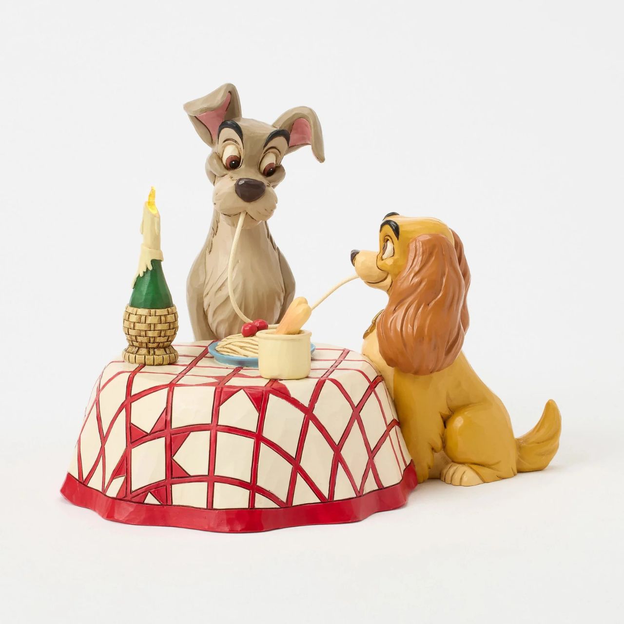 This delightful Jim Shore design celebrates the 70th anniversary of Lady and the Tramp, depicting the pair sharing a table and a plate of pasta, they playfully chew the same noodle. Relive the romance and nostalgia of this timeless love story. Uses 3x AAA batteries (not included) and has an automatic timer, 6 hours on, 18 hours off.