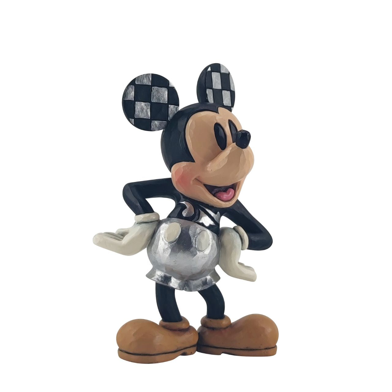 Disney 100 Years of Mickey Mouse Figurine by Jim Shore  Introducing the Disney 100 Mickey Mouse Figurine, a must-have for any Disney fan and collector. This exquisite figurine features the iconic Mickey Mouse in his classic pose, with a big grin and hands on his hips. Crafted with exceptional attention to detail, this figurine is made from high-quality cast stone, ensuring durability and longevity.