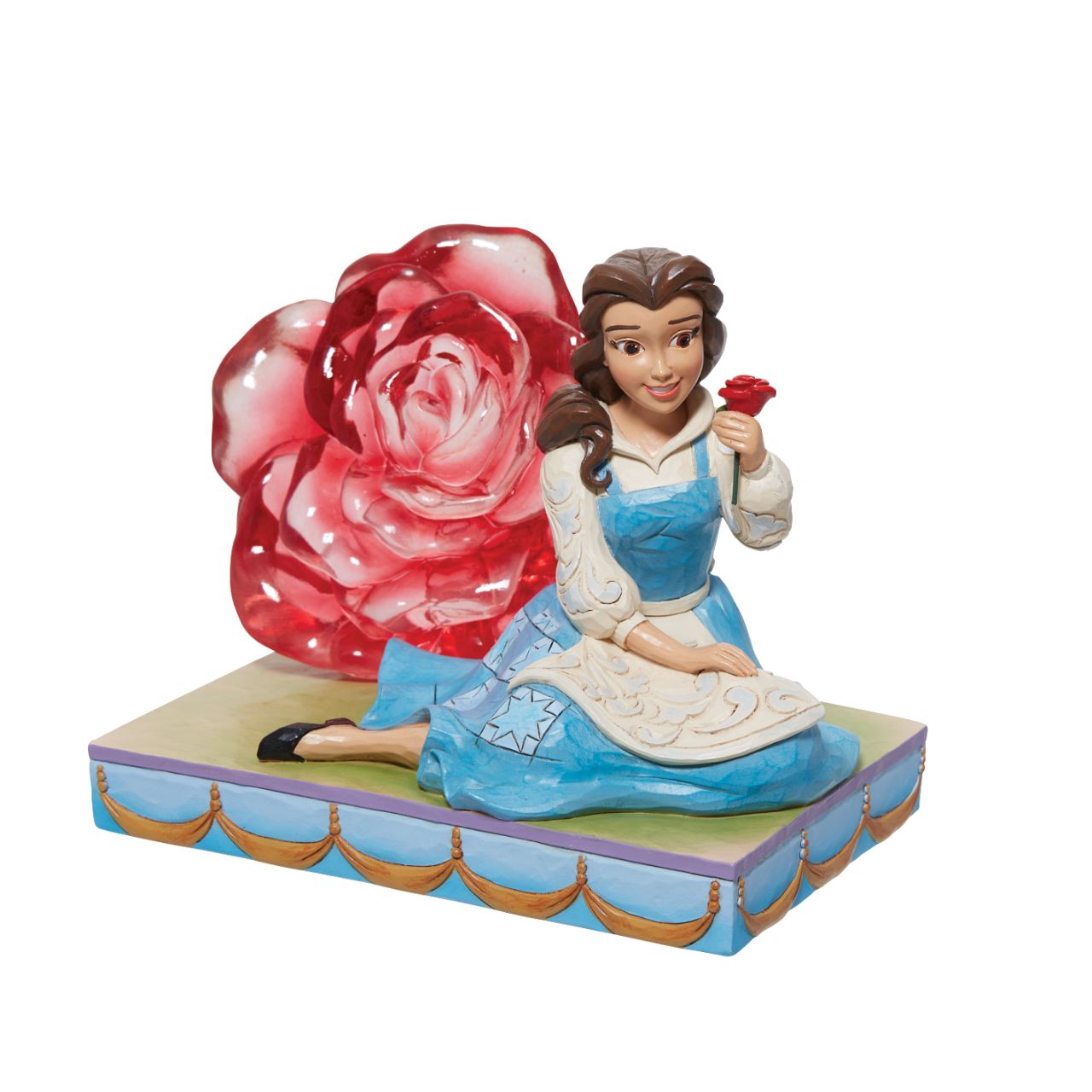 Disney Belle with Clear Resin Rose by Jim Shore  This Disney Traditions line by Jim Shore features iconic Walt Disney princesses with their famous props highlighted. With a base illustrating her story, this piece features Belle with a with her signature red rose.