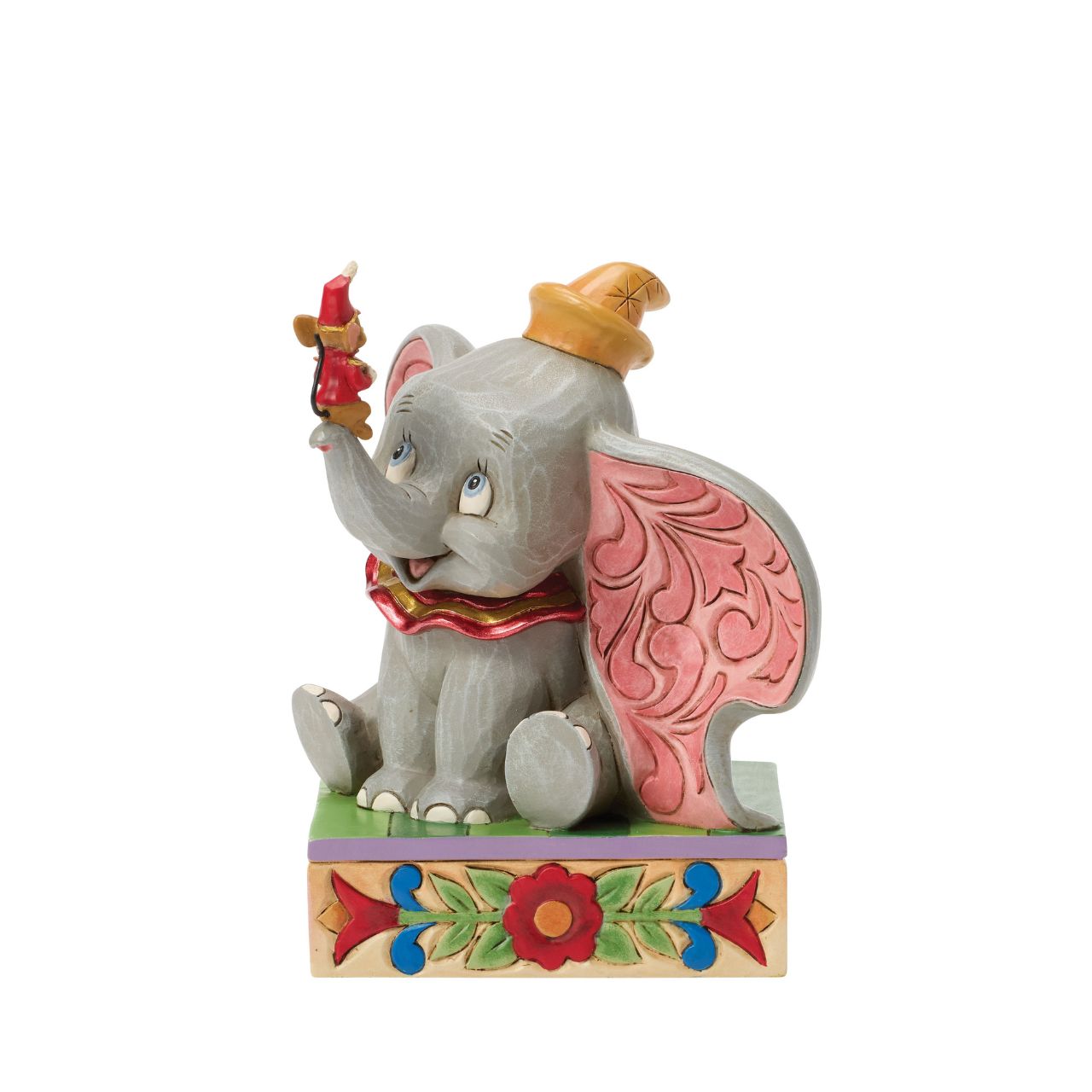 Dumbo the big eared elephant and Timothy the mouse share a joyful moment in this heartfelt Jim Shore scene.