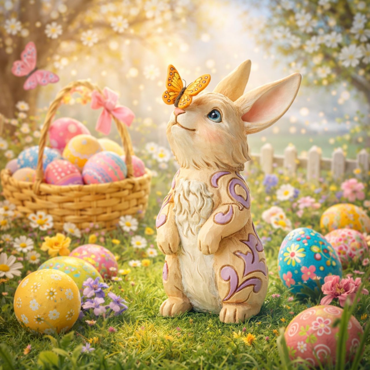 Enchanted by a butterfly resting on its nose, this adorable mini bunny stands tall with gentle sincerity. With delicate purple rosemaling on his fur, this Jim Shore rabbit figurine is sure to inspire smiles this Spring.