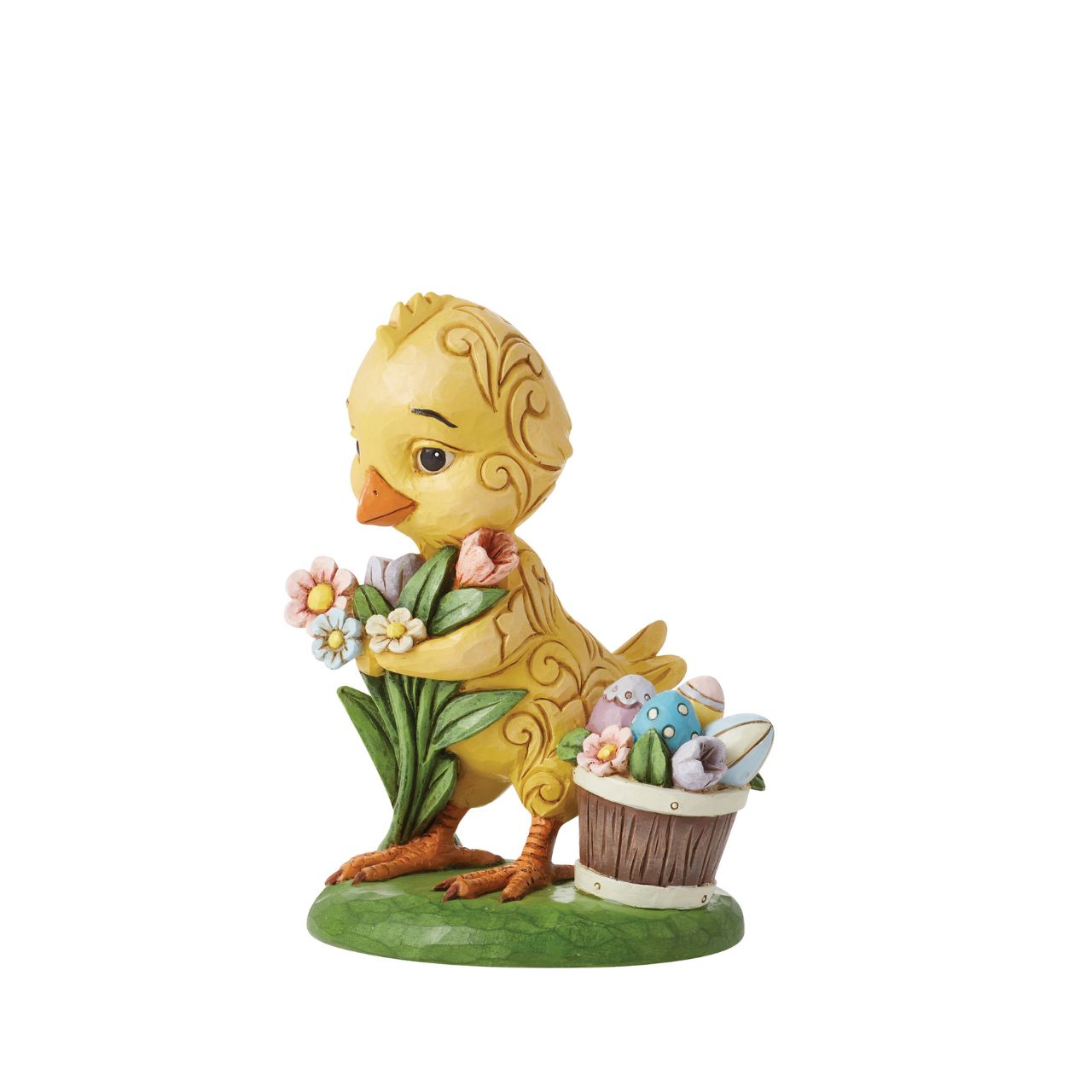 With an arm full of flowers, this adorable chick presents a bouquet and basket of painted eggs for you this Easter. Colourful rosemaling highlights his feathers with artistry as this chick asks you for a place amongst your Springtime home décor.