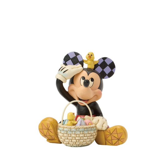 Mickey celebrates spring with an Easter basket full of painted eggs in this festive Jim Shore scene. Two playful chicks join in the fun as Mickey rummages through the basket, accented with Jim Shore's signature rosemaling and patterning.