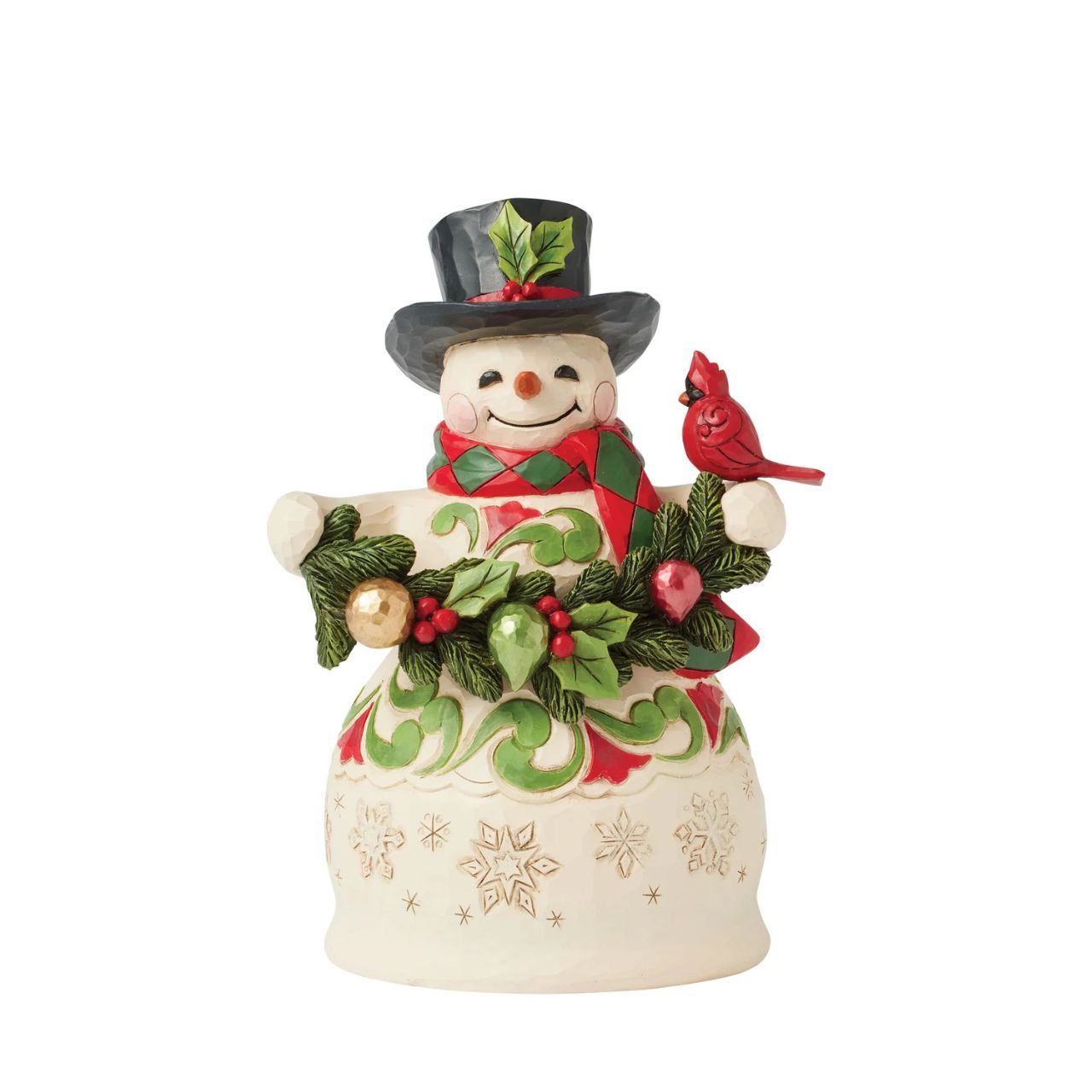 This charming snowman wears intricate snowflakes and Jim Shore's iconic rosemaling designs, spreading festive cheer while holding garland and a cardinal. Wearing a holly-trimmed top hat and a smile, he makes the season brighter.