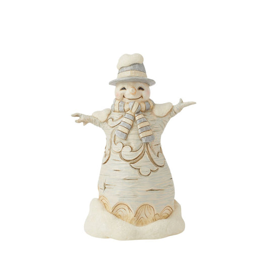 From the White Woodland collection as part of Heartwood Creek by Jim Shore, Snowman looks like he has been carved from a silver birch tree to give him a whole new look and feel. Comes in fully branded packaging.