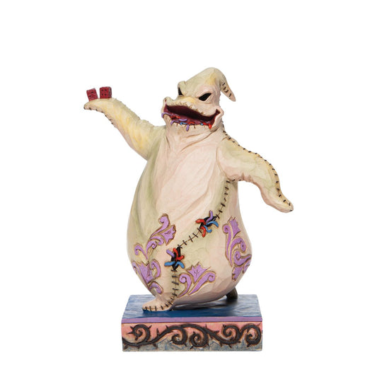 Oogie Boogie the main antagonist of Tim Burton's The Nightmare Before Christmas, strikes a sinister pose in this Jim Shore statuette. Resembling a burlap sack filled with bugs, the villain is profusely power hungry and diabolically negligent.