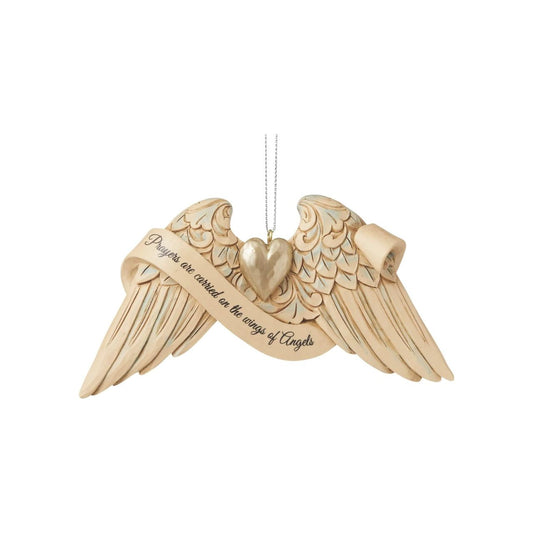 Jim Shore Heartwood Creek General Prayer Angel Wings Hanging Ornament  These delicately sculpted handpainted angel wings share uplifting messages of faith when we need a reminder. Keep these wings close to remember to find comfort. This pair of Jim Shore angel wings shares a heartfelt message about where our prayers go.