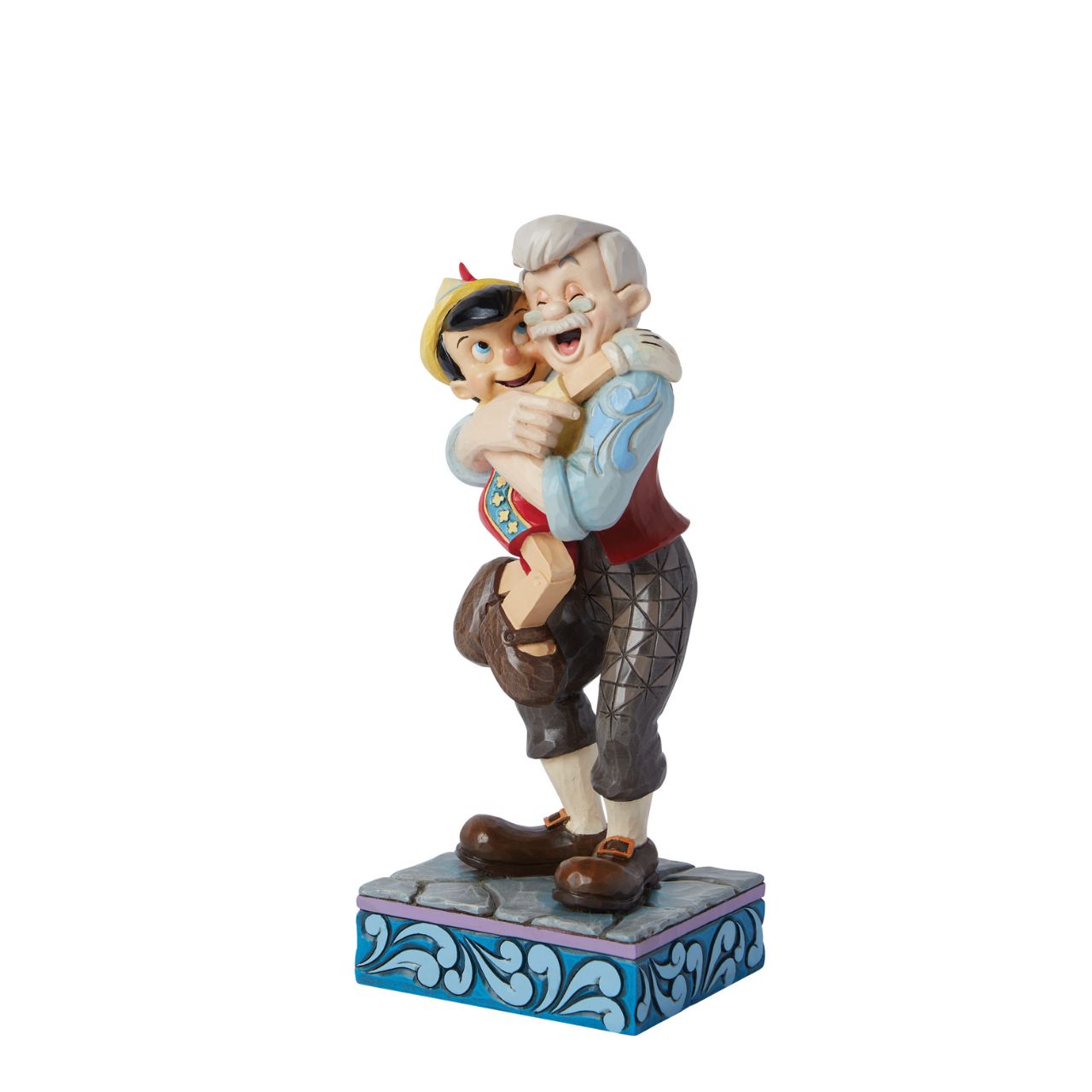 Gepetto and Pinocchio show the perfect love between a boy and his father. Hand painted for the Disney Traditions collection. Comes in a fully branded gift box.