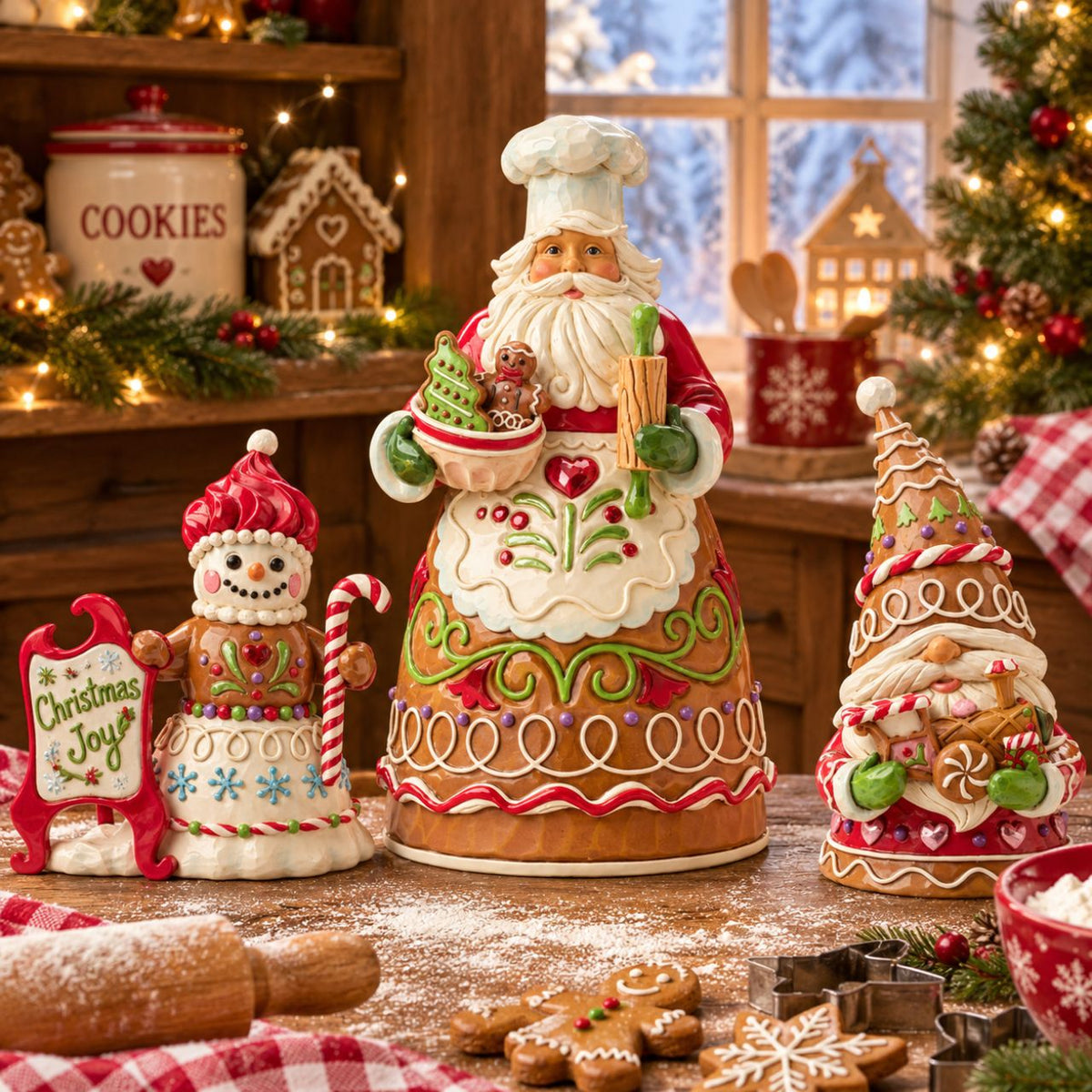 Dressed in a chef's hat and apron, this gingerbread Santa is ready to bake up Christmas joy. Jim Shore's playful patterns and candy-like details give the design a delightful, sugar-coated charm. A treat for both collectors and holiday kitchens alike.