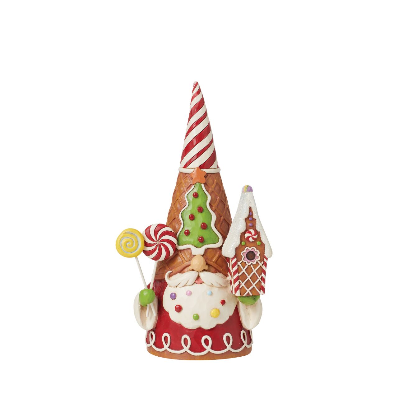 Add some candy to your Christmas with this festive gingerbread gnome from Jim Shore! Wearing a waffle cone hat, he holds peppermint lollipops and a gingerbread house. With sprinkles in his beard, he celebrates the sweetness of the season.