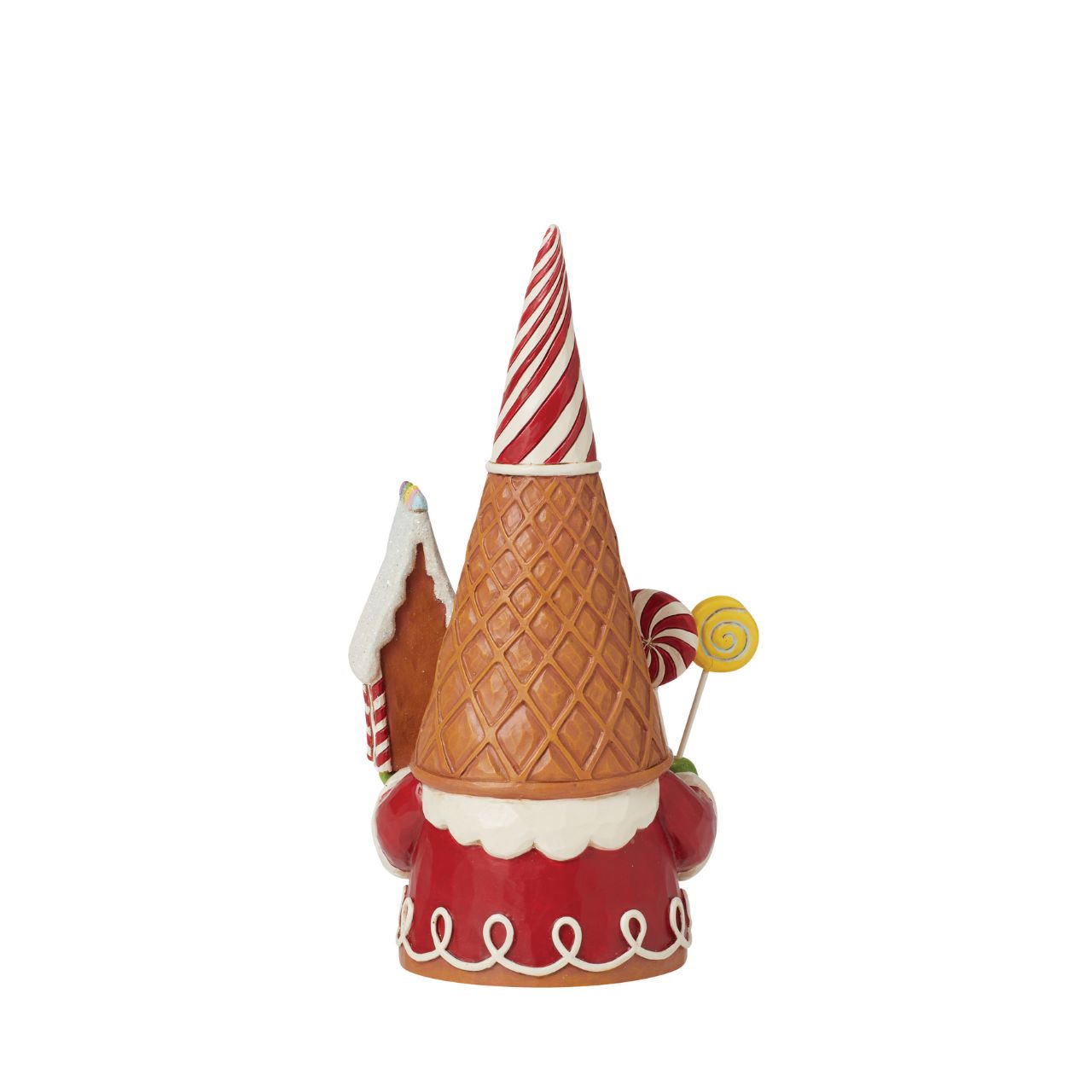 Add some candy to your Christmas with this festive gingerbread gnome from Jim Shore! Wearing a waffle cone hat, he holds peppermint lollipops and a gingerbread house. With sprinkles in his beard, he celebrates the sweetness of the season.