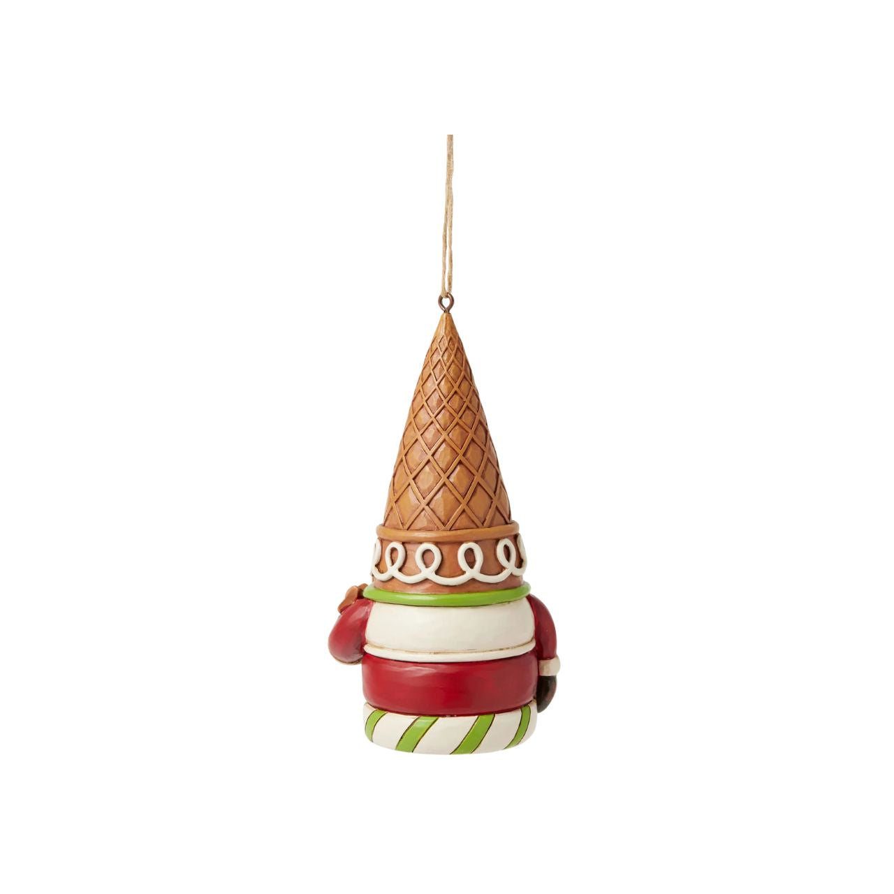 This whimsical Jim Shore Gingerbread Christmas ornament presents a charming gingerbread gnome, adorned with red and green icing and sprinkles, wearing an ice cream cone as a hat. Holding a bowl of candy, he'll bring a sweet and festive spirit to your holiday.