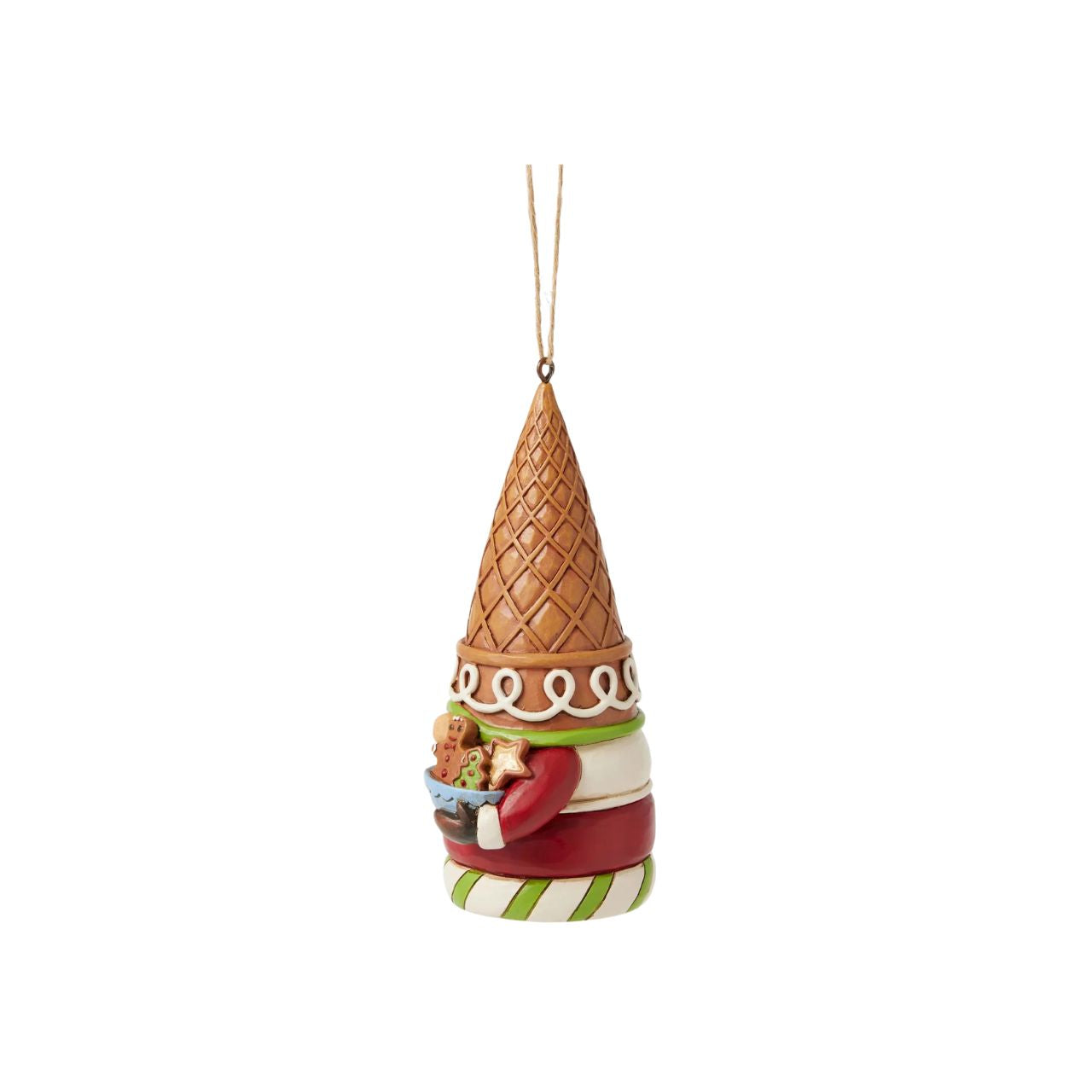 This whimsical Jim Shore Gingerbread Christmas ornament presents a charming gingerbread gnome, adorned with red and green icing and sprinkles, wearing an ice cream cone as a hat. Holding a bowl of candy, he'll bring a sweet and festive spirit to your holiday.