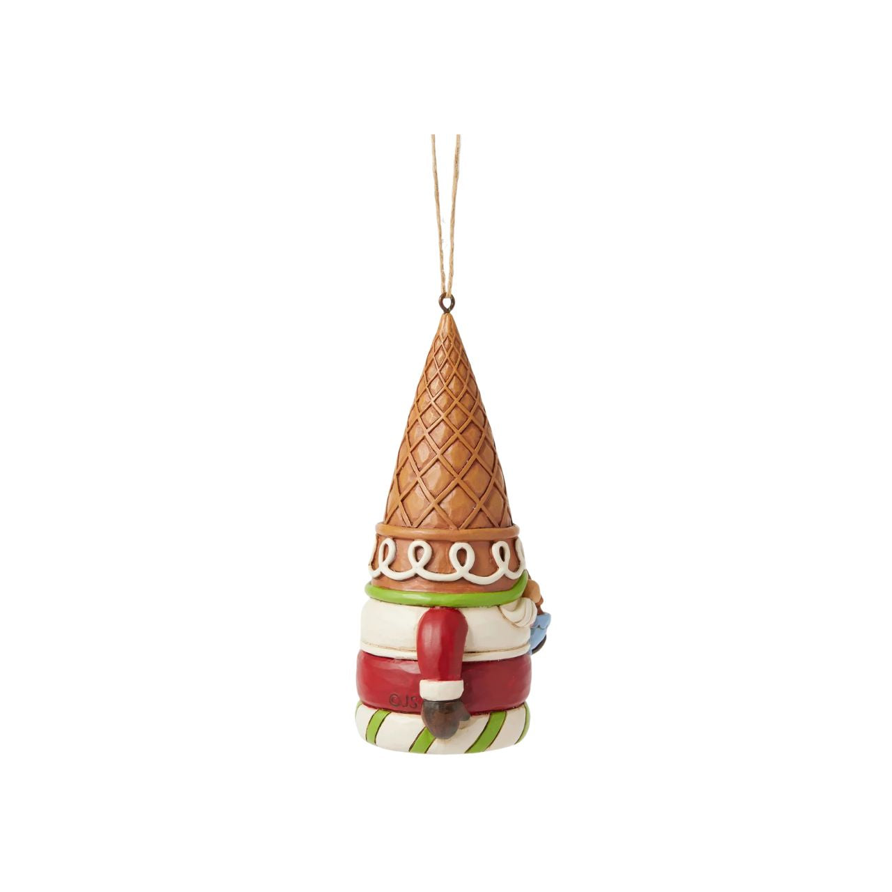 This whimsical Jim Shore Gingerbread Christmas ornament presents a charming gingerbread gnome, adorned with red and green icing and sprinkles, wearing an ice cream cone as a hat. Holding a bowl of candy, he'll bring a sweet and festive spirit to your holiday.